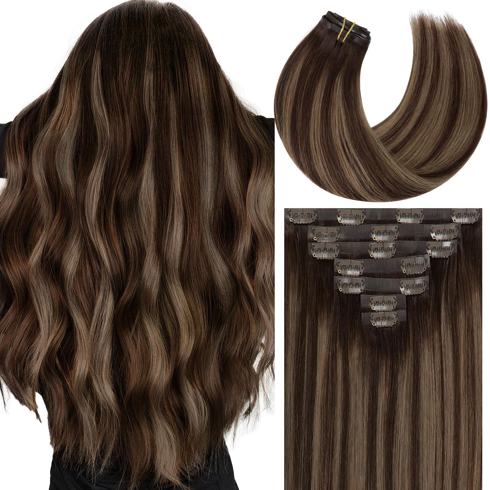 Caliee Brown Clip in Hair Extensions 18Inch Invisible PU Clip in Human Hair Thick Hair Extensions for Full Head 110G R2-2-6 Bala