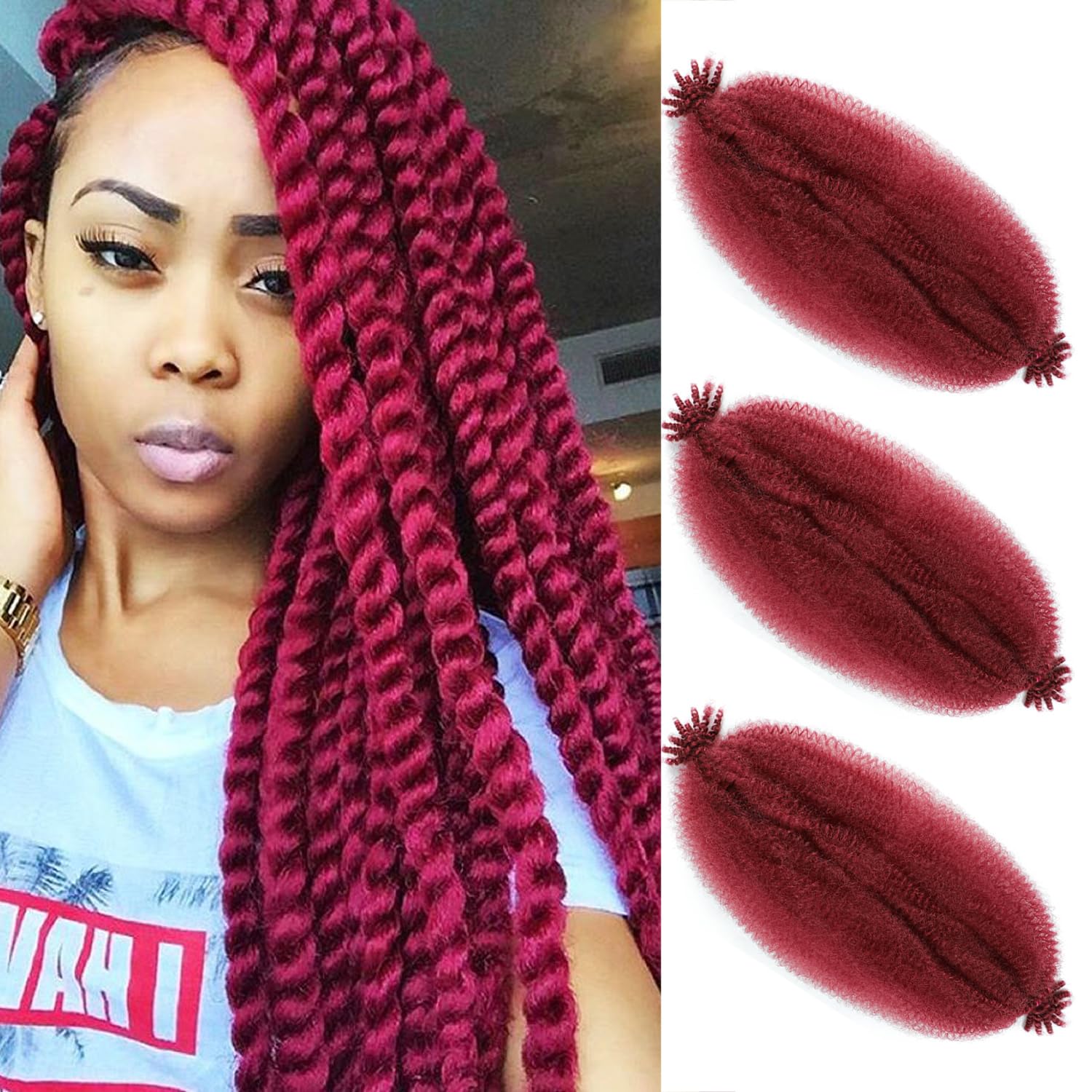 Springy Afro Twist Hair 24 Inch 3 Packs Burgundy Color Pre Fluffed Marley Twist Braiding Hair for Black Women (24 inch, Burgundy