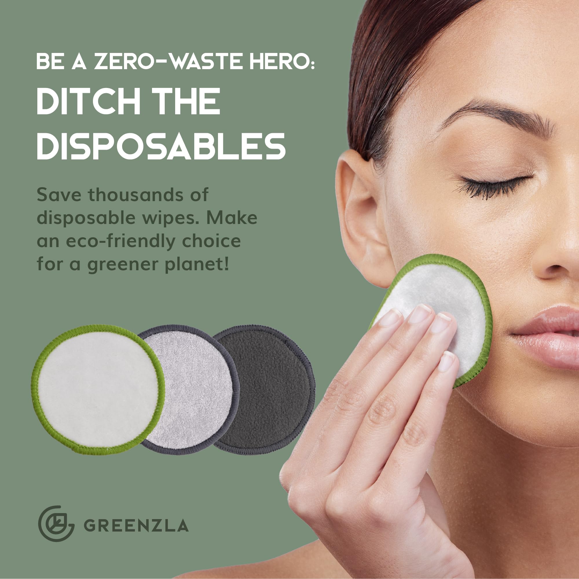 Greenzla Reusable Makeup Remover Pads, 30 Pack Washable Bamboo Cotton Pads Reusable With Mesh Laundry Bag, Cotton Travel Pouch,
