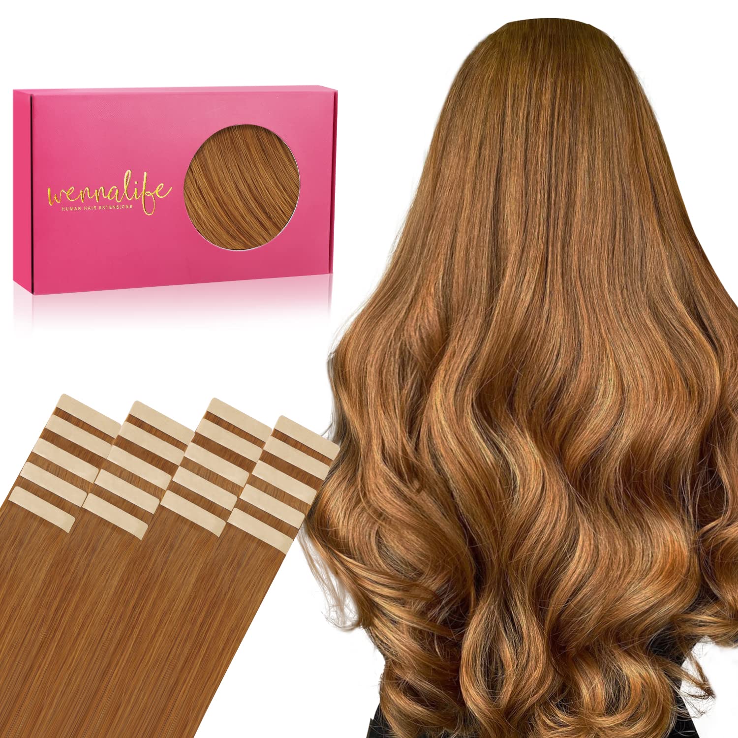 Wennalife Tape In Hair Extensions Human Hair, 20Pcs 50G 14 Inch Auburn Ginger Remy Hair Extensions Straight Human Hair Tape In E