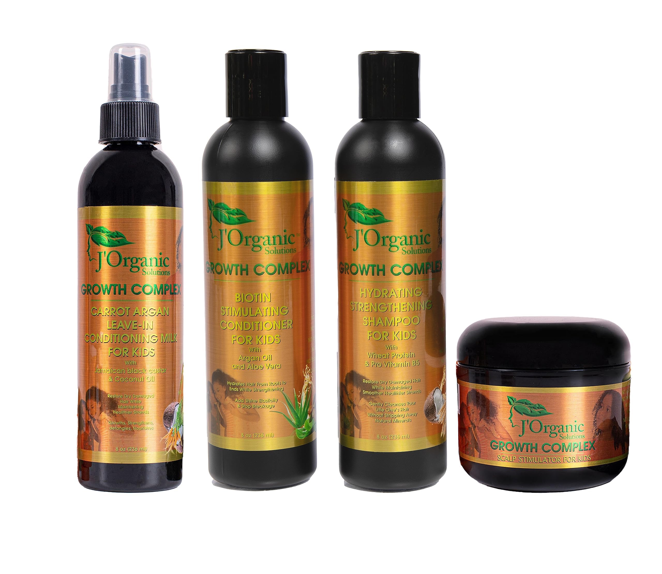 J'Organic Solutions 4-Piece Kids Curl Care Kit - Leave-In Conditioner, Scalp Stimulator, Curly Hair Shampoo & Conditioner for Ki