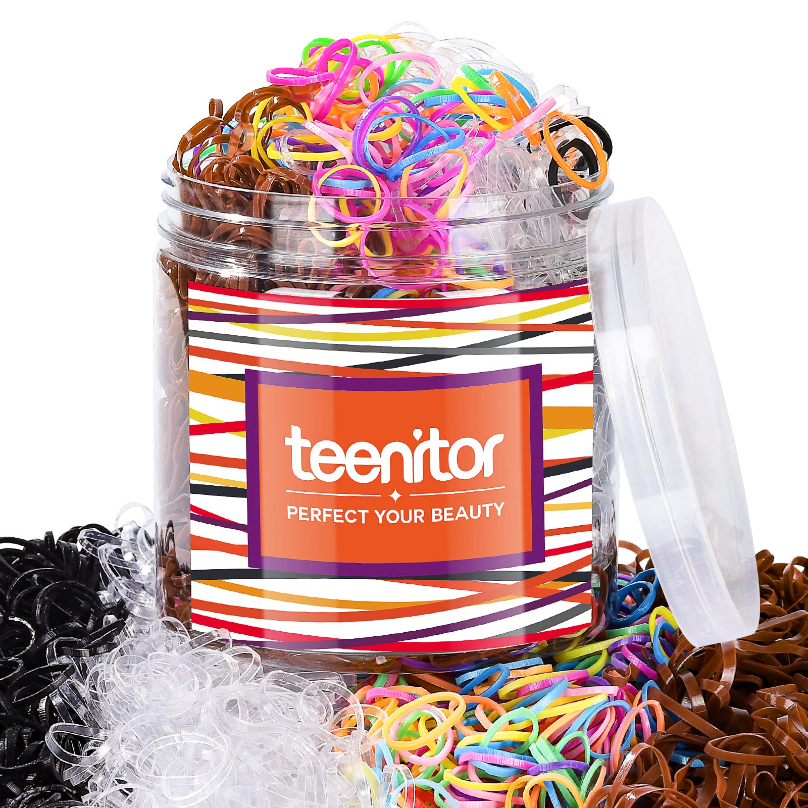 Teenitor Elastic Hair Bands, 2000Pcs Hair Rubber Bands, Elastics For Hair, Small Hair Ties, Clear,Black,Brown And Color
