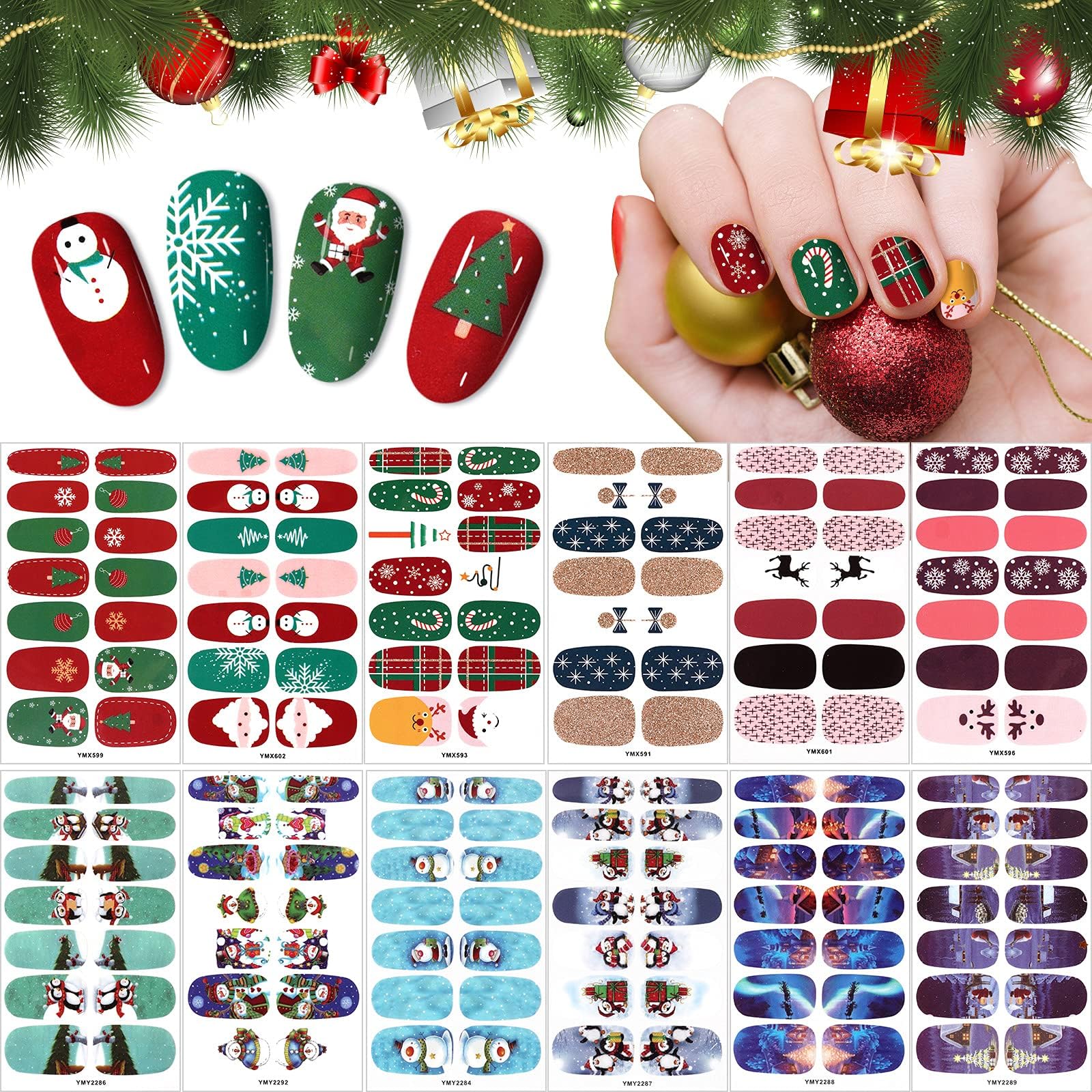 12 Sheets Christmas Full Nail Wraps, EBANKU Adhesive Nail Art Polish Stickers Santa Claus Penguin Snowman Design Nail Art Decals
