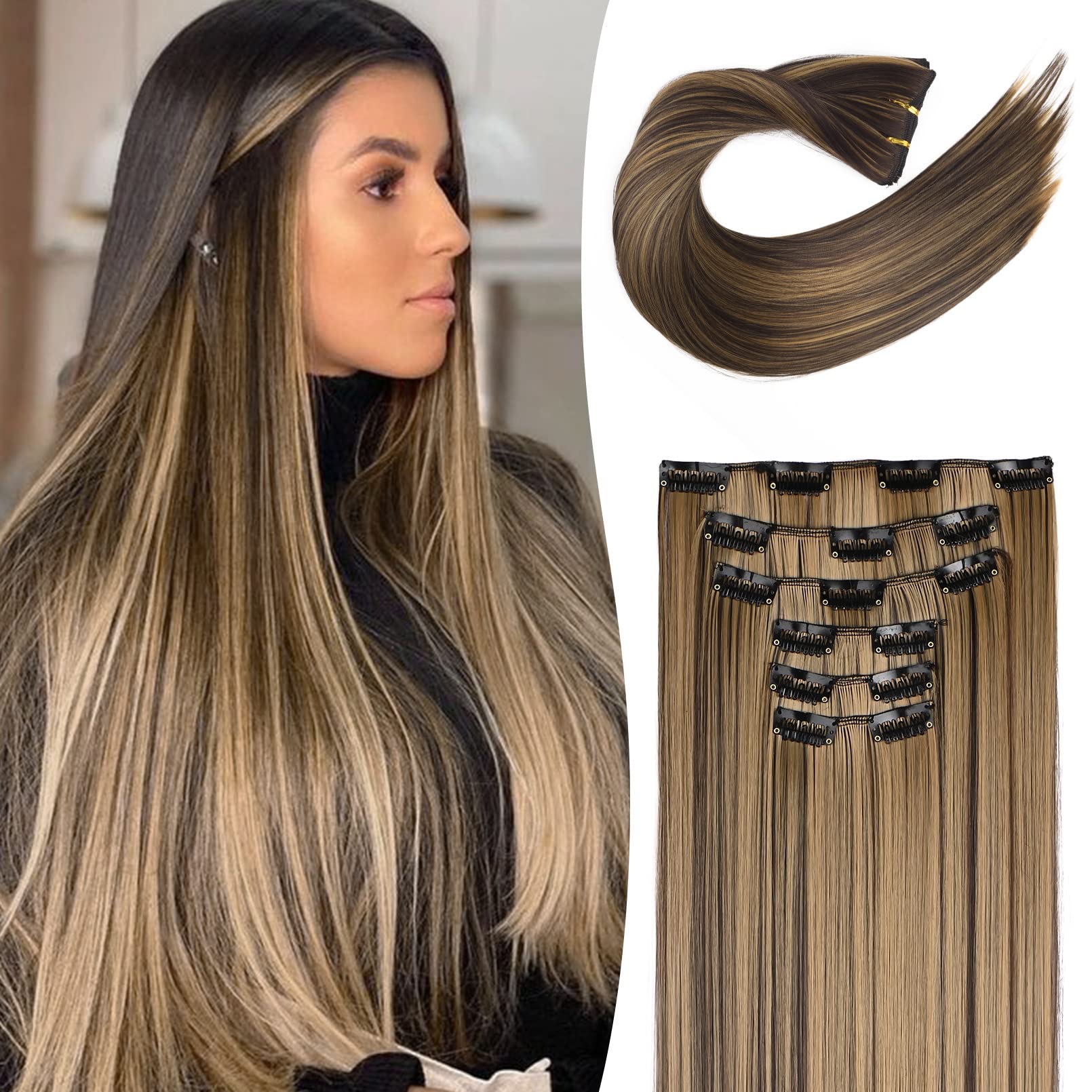 LONAI Clip In Hair Extensions, 6PCS Straight 24'' Long Synthetic Clip On Hairpiece For Women