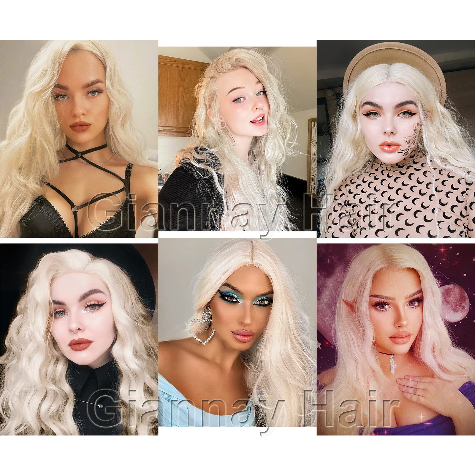 Giannay White Blonde Wig, Platinum Blonde Wig Curly Wig Long White Loose Wave Wigs For White Women Blonde Synthetic Heat Resista