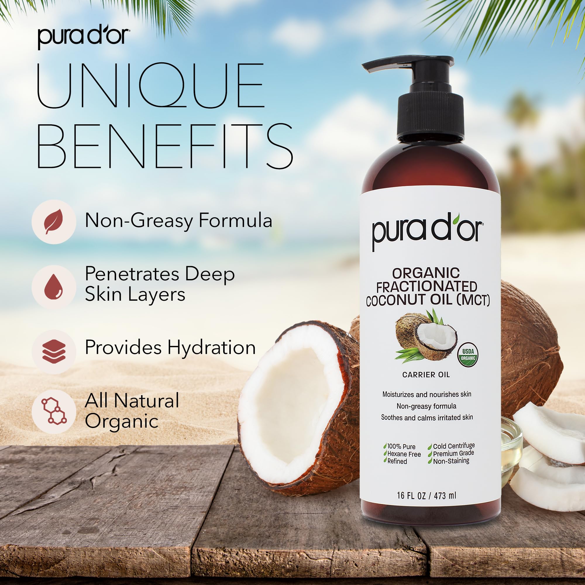PURA D'OR 16 Oz ORGANIC Fractionated Coconut Oil - MCT Oil - 100% Pure & Natural USDA Certified Cold Pressed Carrier Oil - Unsce