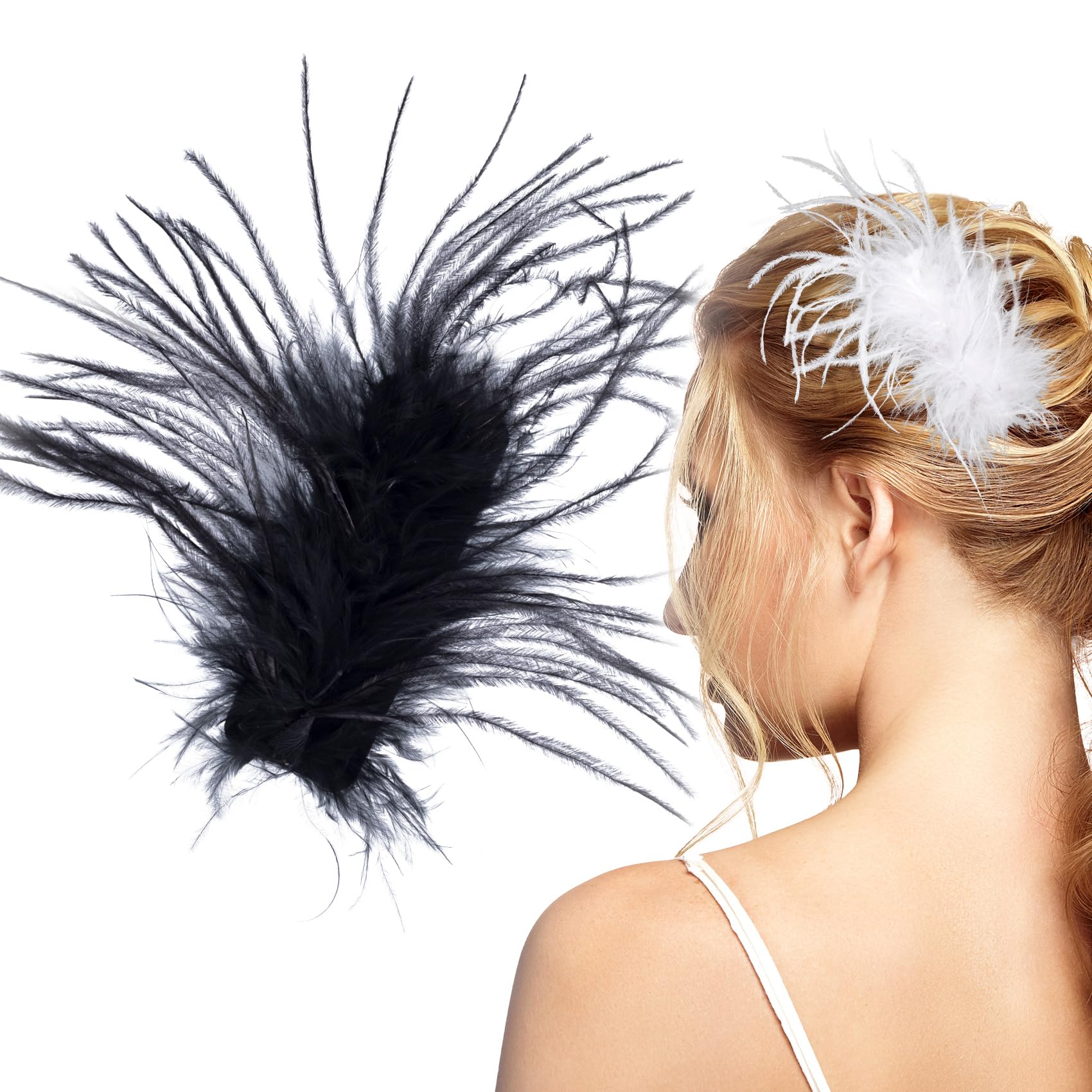 OIIKI 2Pcs Ostrich Hair Clip, Black/White Feather Hairgrip Retro Hair Jewelry Accessories for Women Bride Party Festival Valenti