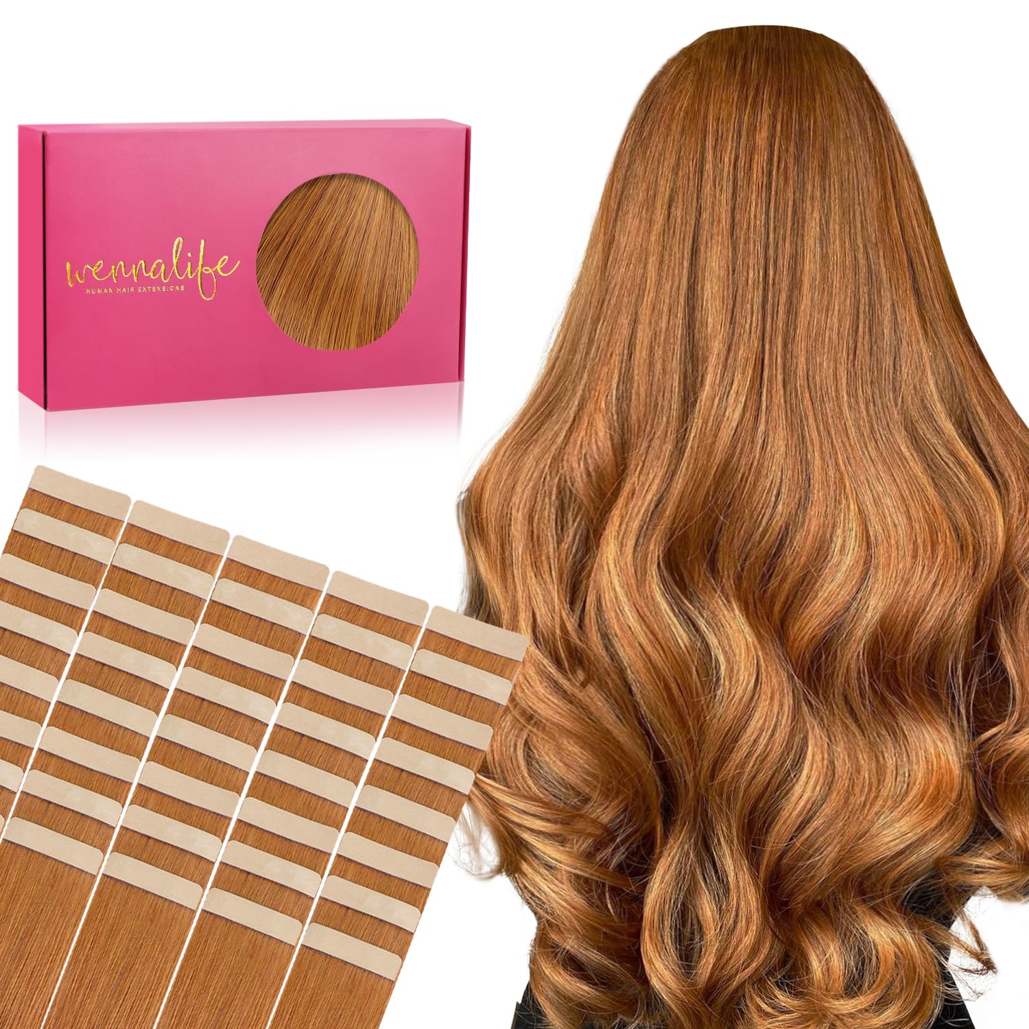 Wennalife 40Pcs Tape In Hair Extensions Human Hair, 100G 18 Inch Auburn Ginger Hair Extensions Real Human Hair Straight Tape In