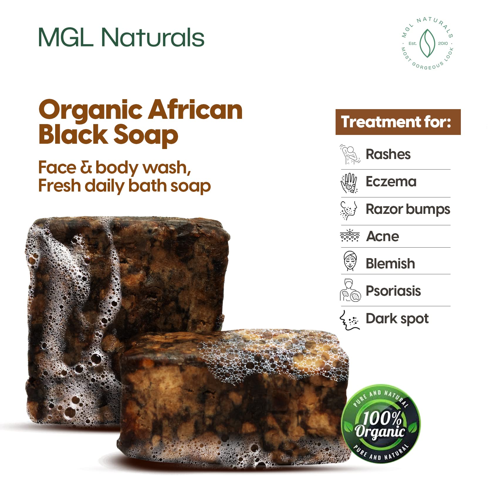 MGL Naturals Organic African Black Soap - Deep Cleanse for Acne, Eczema, Dark Spots - 1 lb (16 Ounce) Face & Body Wash