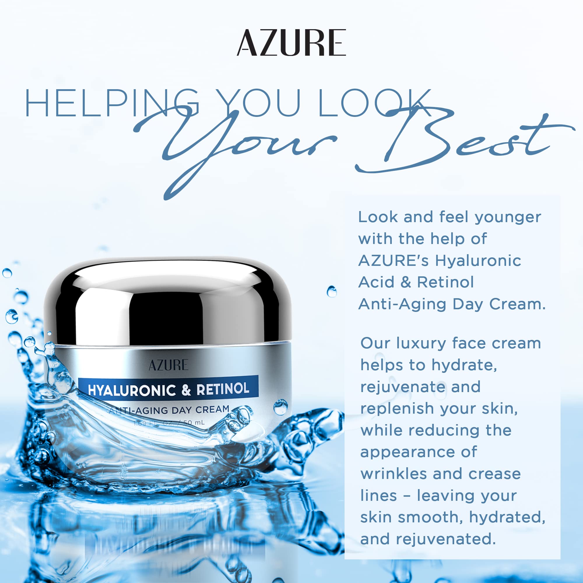 Azure Hyaluronic & Retinol Anti Aging Day Cream - Rejuvenating & Hydrating | Reduces Wrinkles, Creases & Fine Lines | Evens Skin