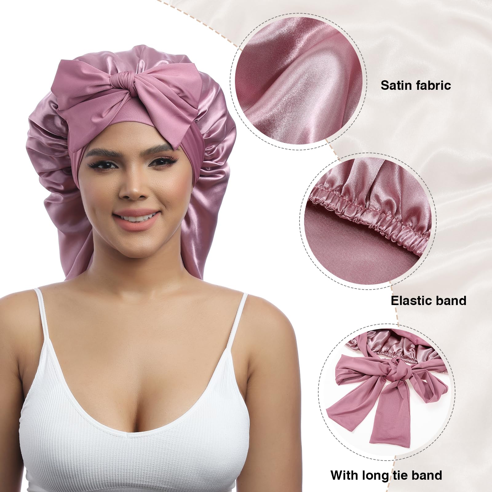 AWAYTR Long Satin Bonnet - Elastic Silk Hair Cap, One Size, Rose Gold