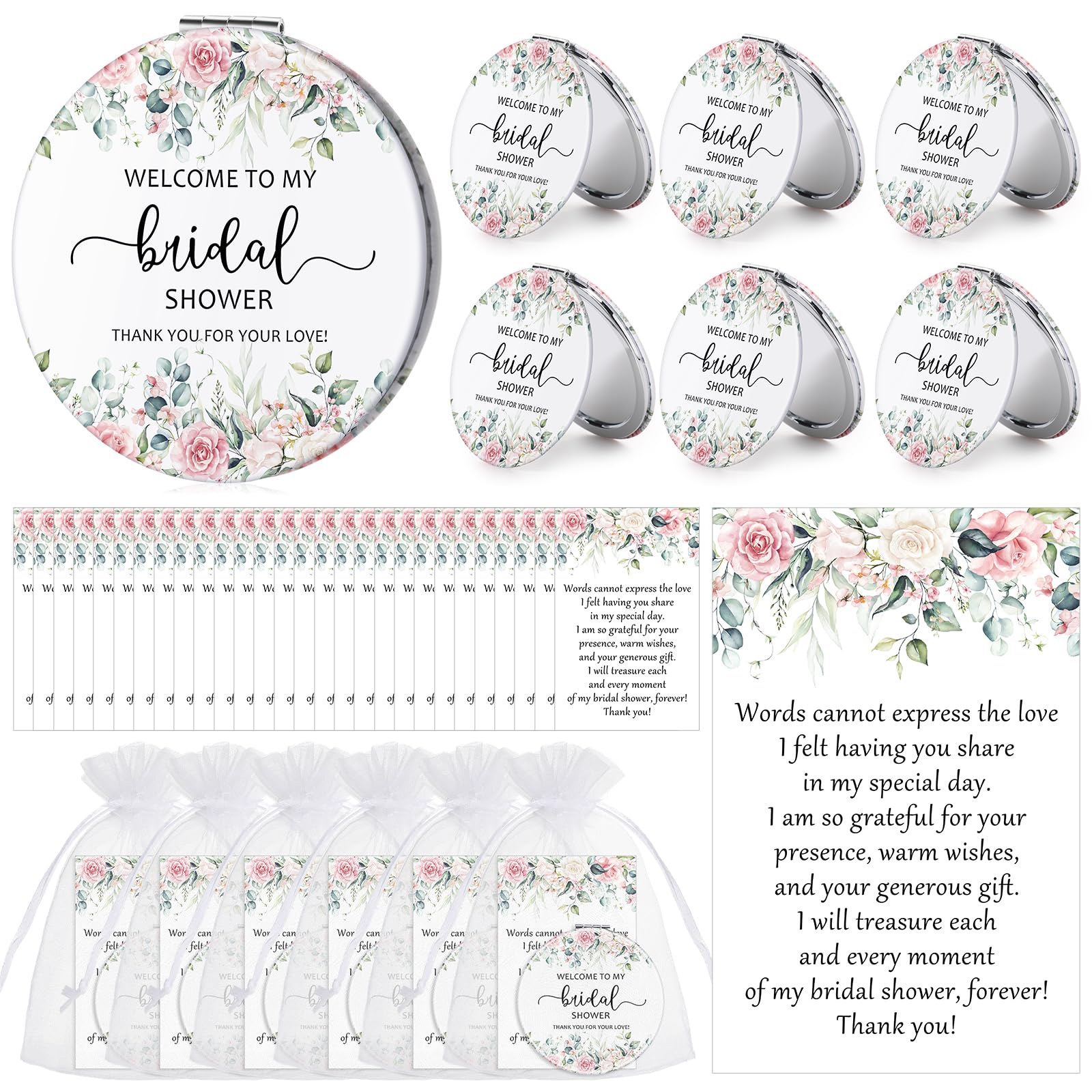 Xunyee 24 Sets Bridal Shower Favors For Guests Flower Design Makeup Mirrors Leather Compact Mirrors Bridal Thank You Cards With