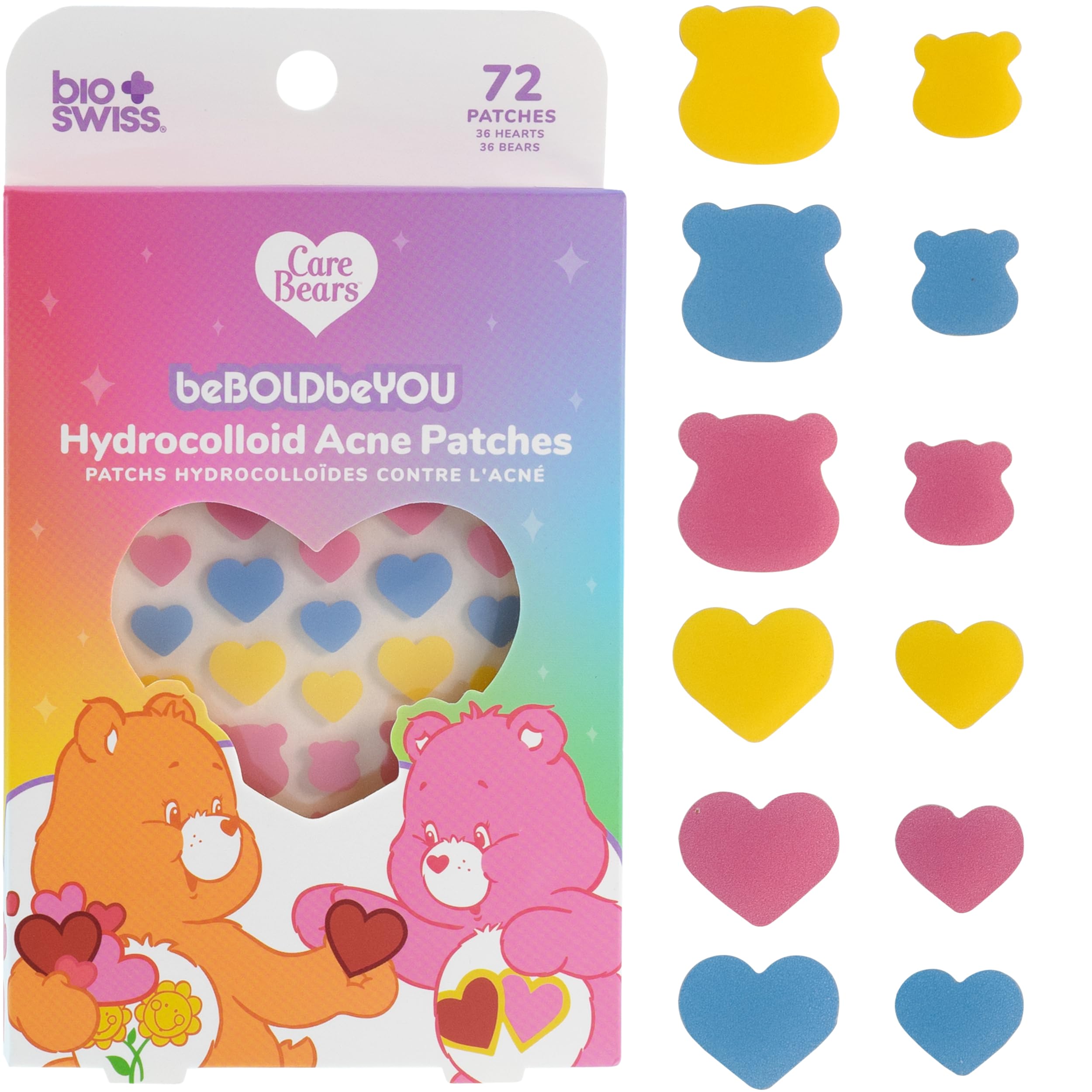 BioSwiss Pimple Patches, Care Bears Heart and Bear Shaped Acne Patch for Zits and Blemishes, Hydrocolloid Spot Stickers for Face