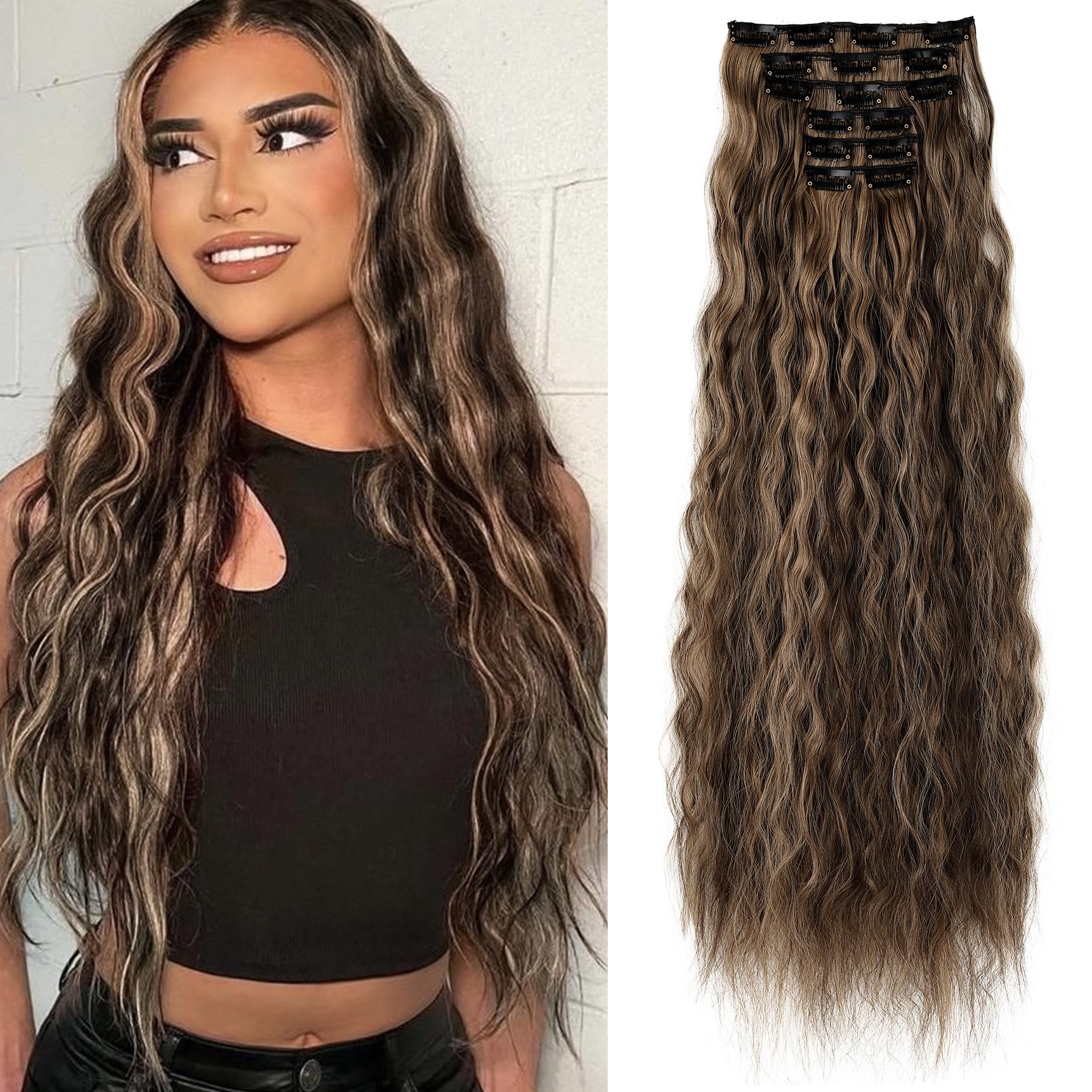 LONAI Clip In Hair Extensions, 6PCS Curly 24'' Long Synthetic Clip On Hairpiece For Women