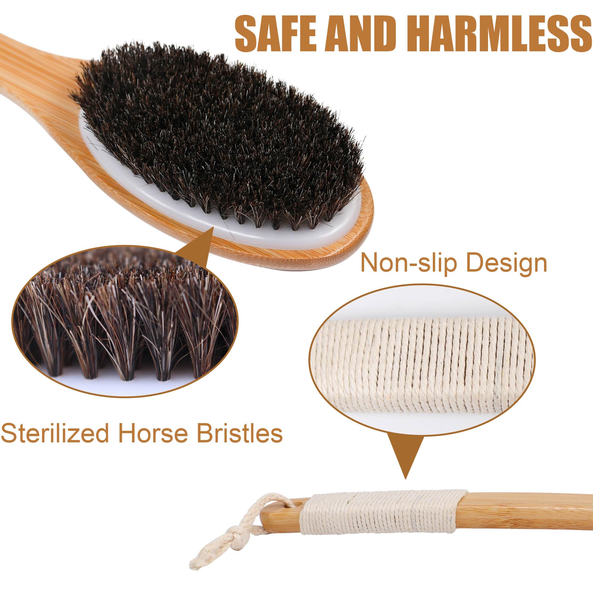Owiizi Horsehair Bath Brush Bamboo Curved Long Handle Antiskid Body Brush For Exfoliating, Natural Mane Shower Scrubber For Back