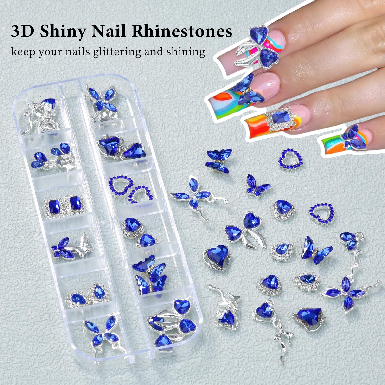 Edittime 24Pcs Silver Metal Alloy 3D Luxury Nail Rhinestones Kit Punk Y2K Star Moon Heart Love Butterfly Cross Crown Rhomboid Rh