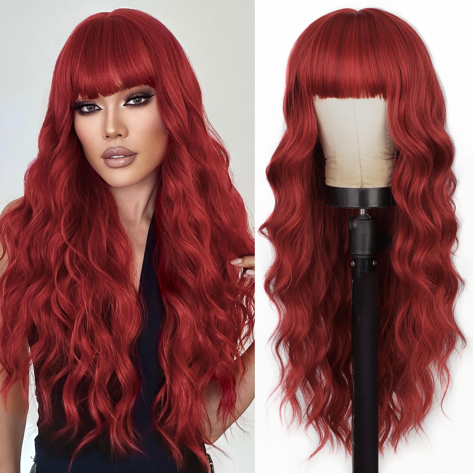 Lativ Red Wig With Bangs Long Red Wigs for Women 26 Inches Curly Wavy Hair Natural Looking Heat Resistant Fiber Wig for Girls Ha