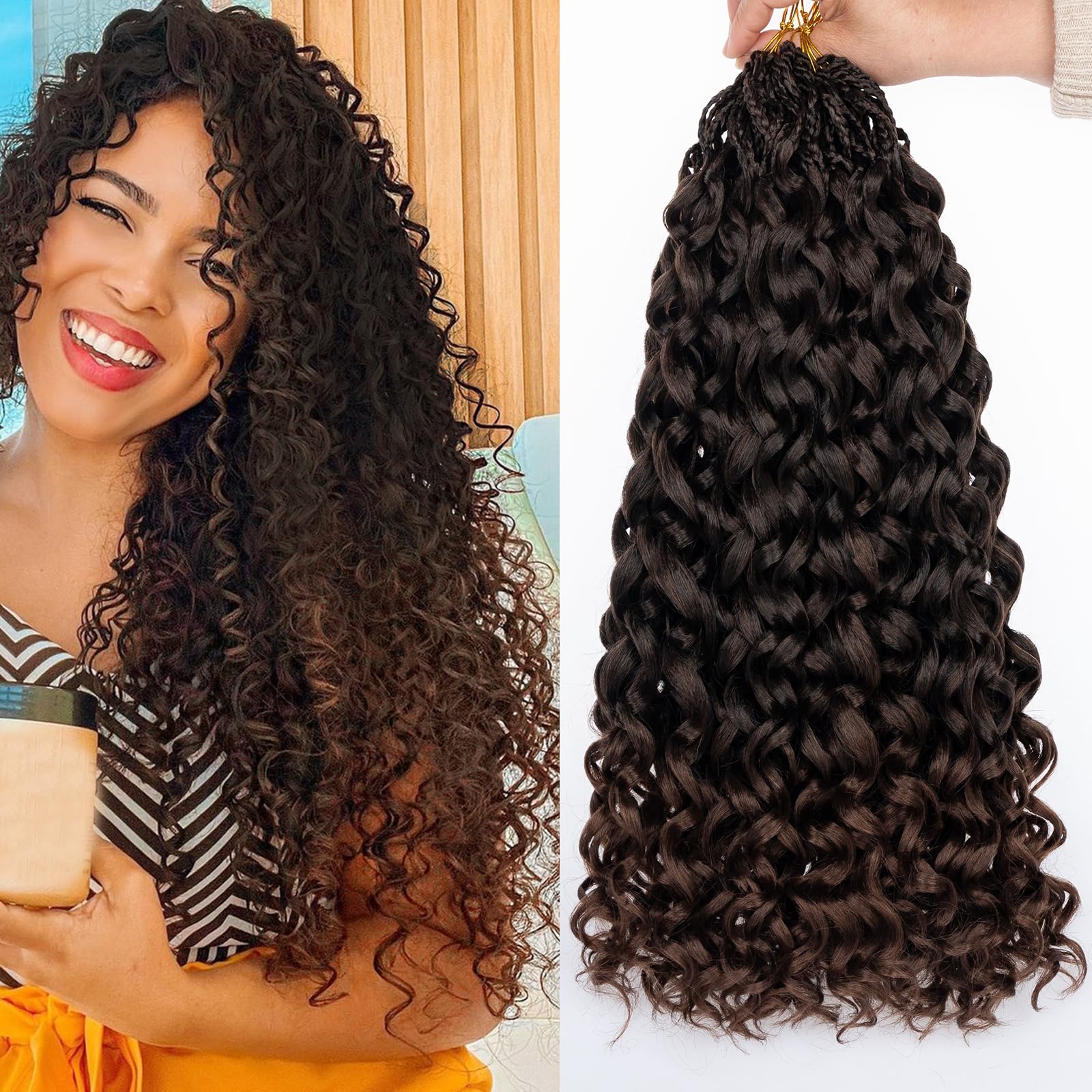Leeven 18 Inch 8 Packs Gogo Curl Crochet Hair Ombre Brown Pre Looped Ocean Wave Crochet Hair Deep Twist Curly Goddess Box Braids