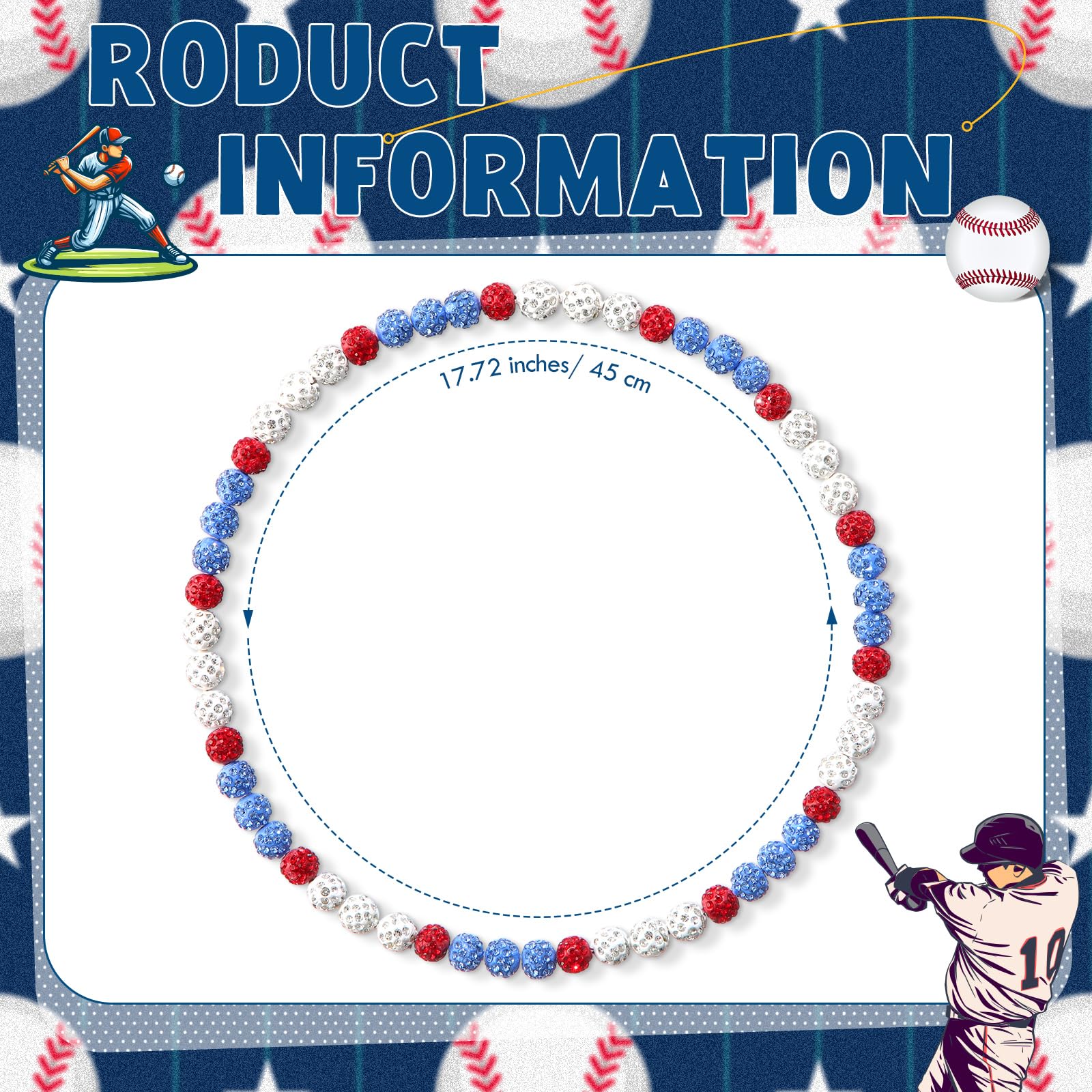 Liliaafar 6 Pcs Baseball Beaded Necklace for Teenager Bling Rhinestone Clay Beaded Necklace Gifts for Sports Team Fans(Light Blu
