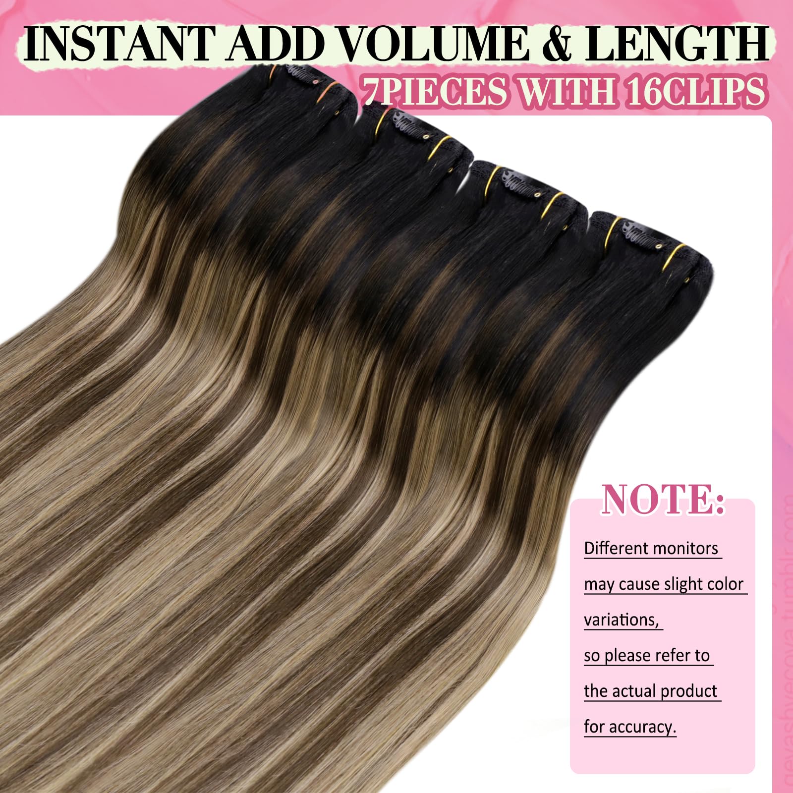YoungSee 135G Clip in Hair Extensions Ombre Black Clip in Hair Extensions Real Human Hair Black Fading to Brown with Caramel Blo