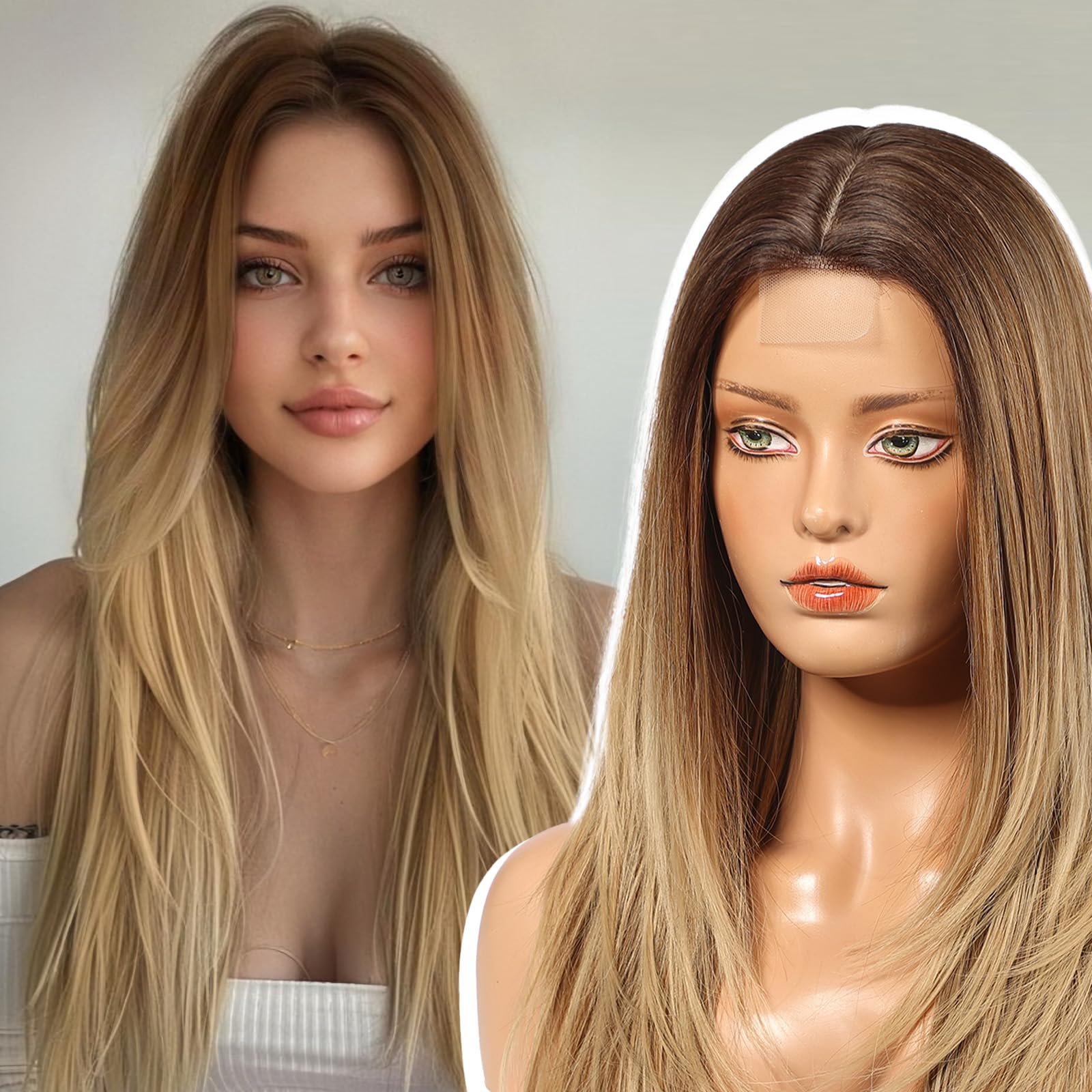 EMMOR Long Layered Wigs,Natural Central Lace Bob, Premium Heat-Resistant Synthetic Straight Wigs for Women Daily Use(Ombre Blond