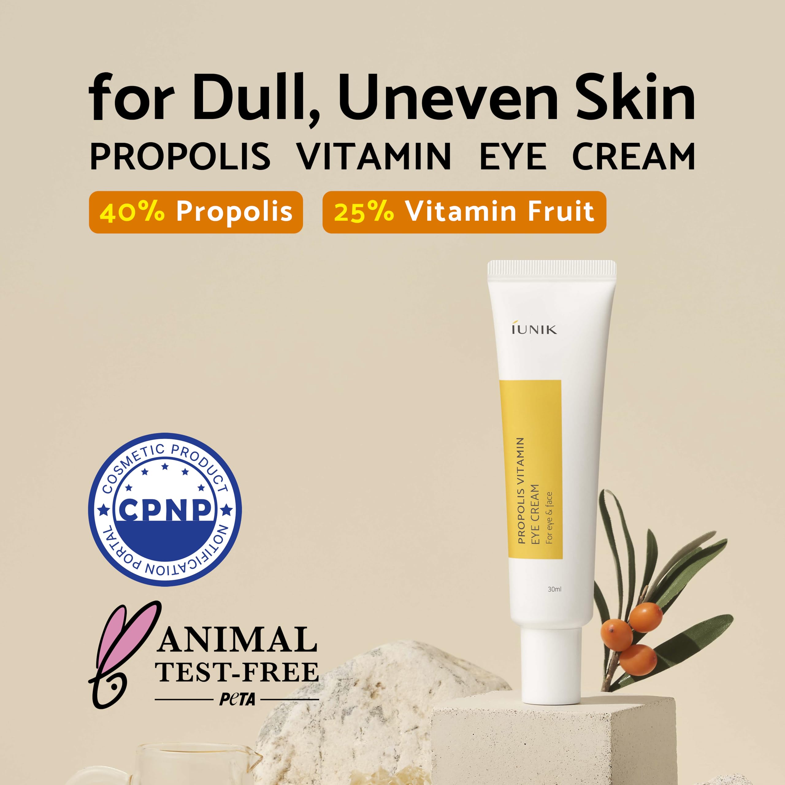 IUNIK Propolis Vitamin C Face & Eye Cream with Vegetable Oil, Idebenone 1.01 Fl Oz Dullness Dark Circles Puffiness Smooths Under
