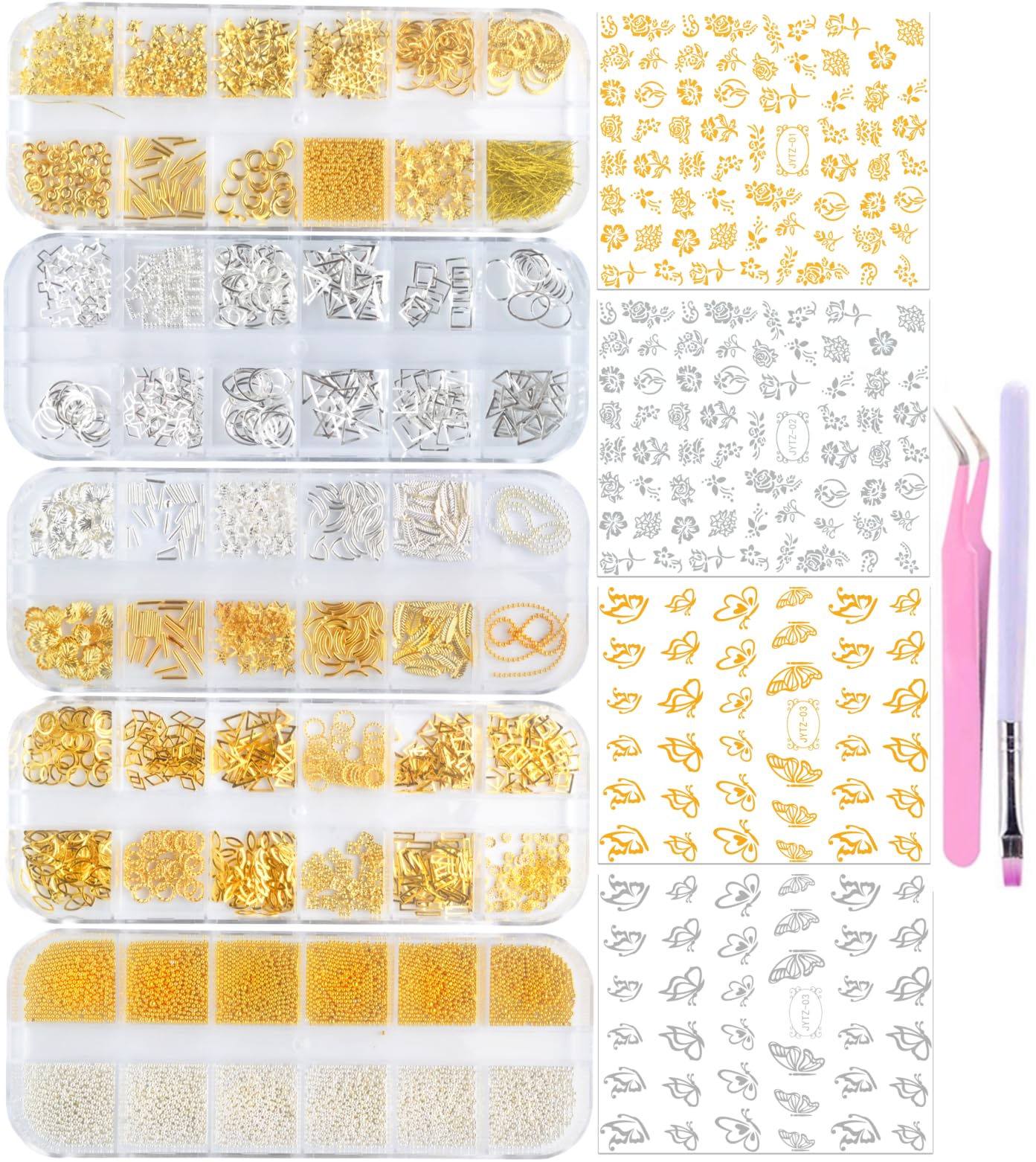 Edittime 5 Boxes Gold & Silver Metal Nail 3D Punk Studs Star Moon Heart Triangle Square Rivet Gems Nail Art Jewels With A Curved