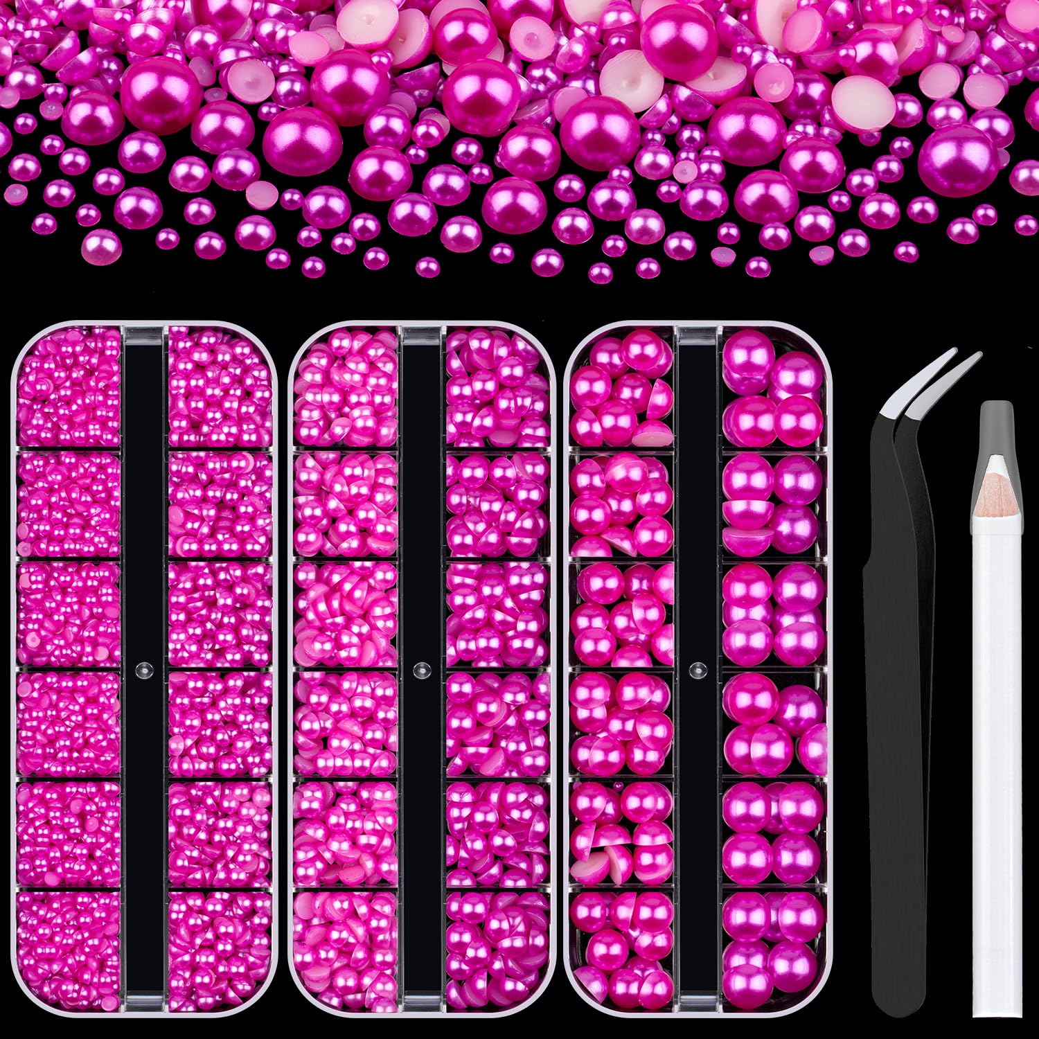 3 Boxes Flat Back Pearls Kit 11 Flatback Rose Red Half Round Pearls 3-10mm with Pickup Pencil and Tweezer for Home DIY and Profe