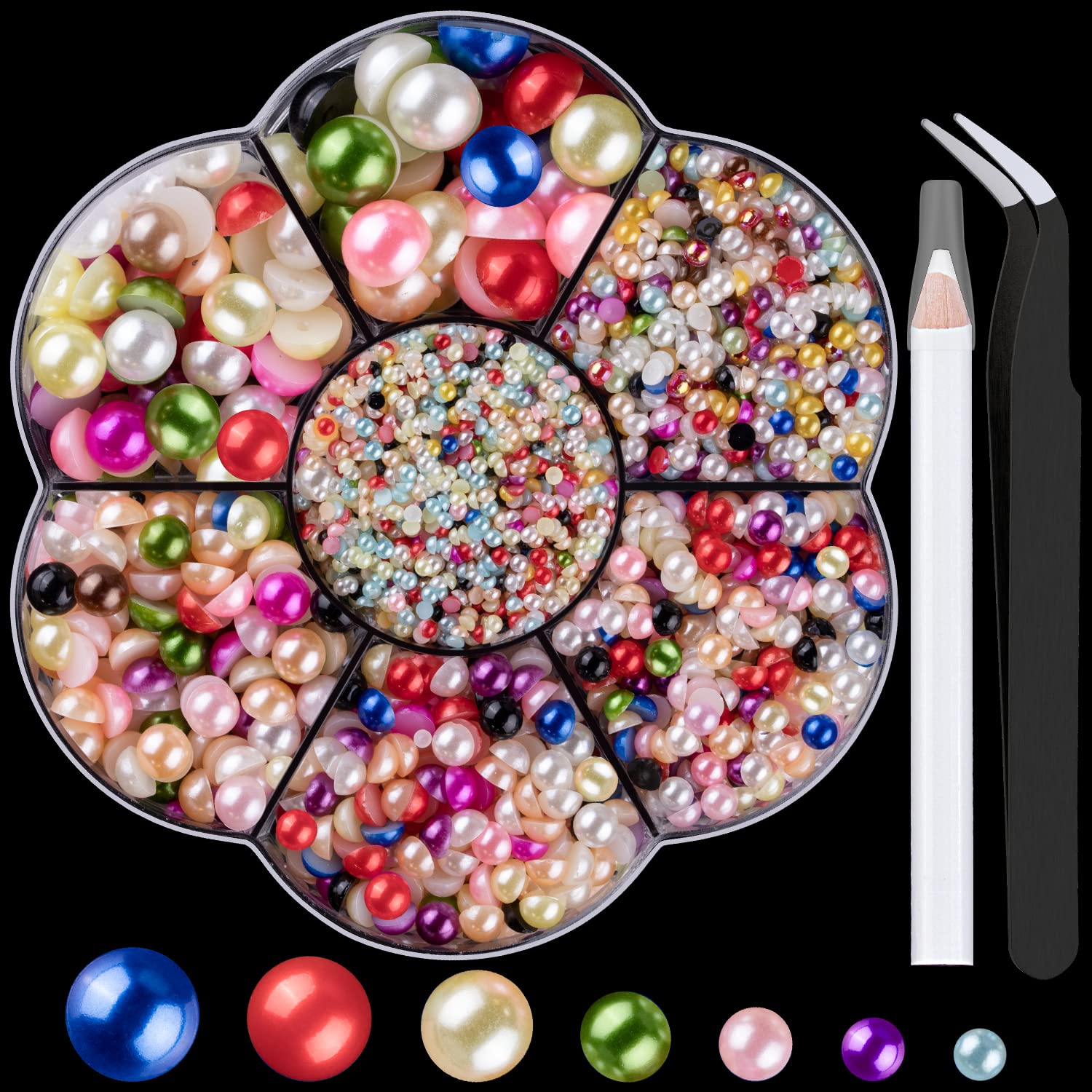 Nail Art Flat Back Half Round Pearl Kits 14, 1 Box of 5600 Pcs Flat-Back Mixed color Pearl with Tweezer and Picker Pencil for Ho