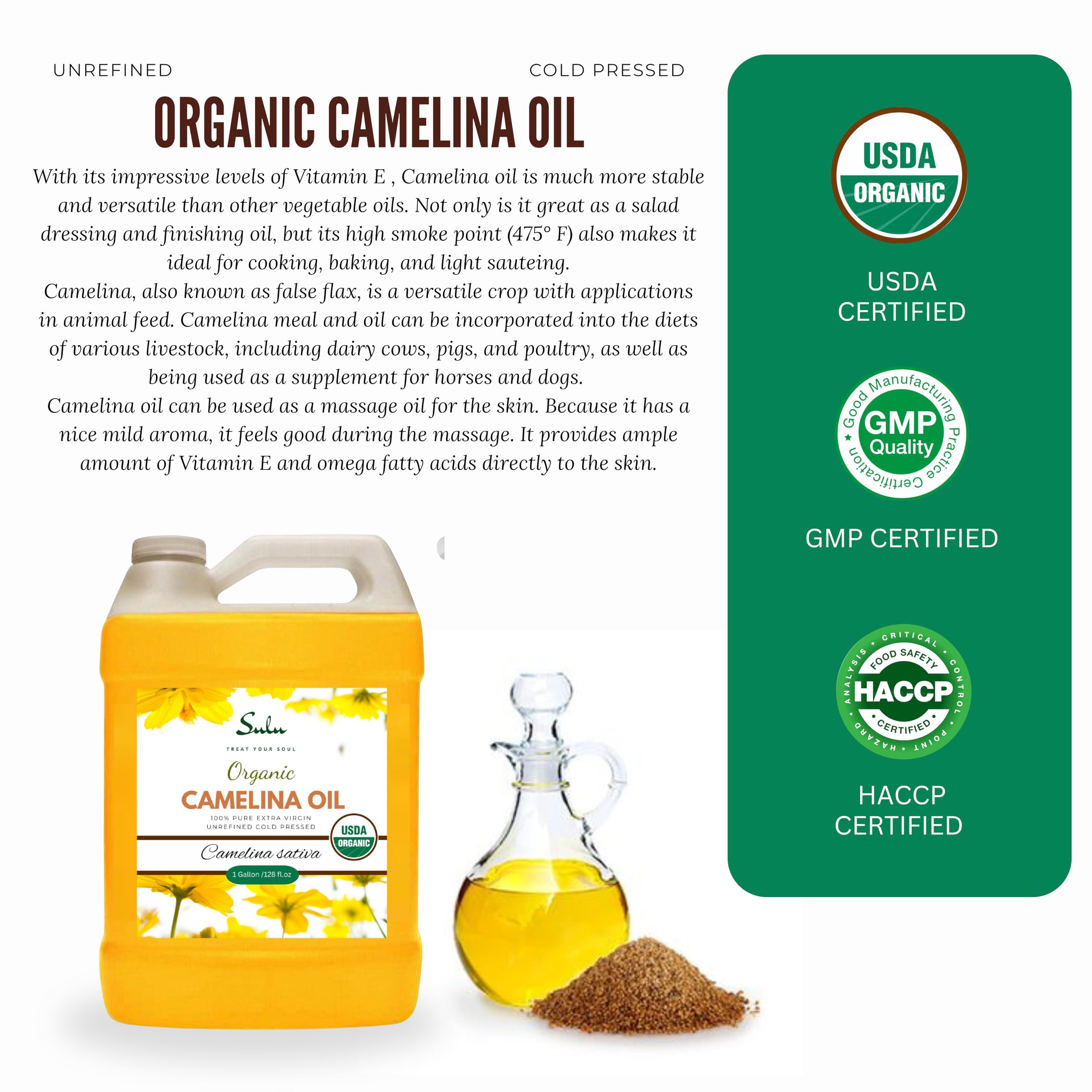 100% Pure Extra Virgin USDA Organic Unrefined Cold Pressed Camelina Seed Oil 1 Gallon (128 FL.OZ)