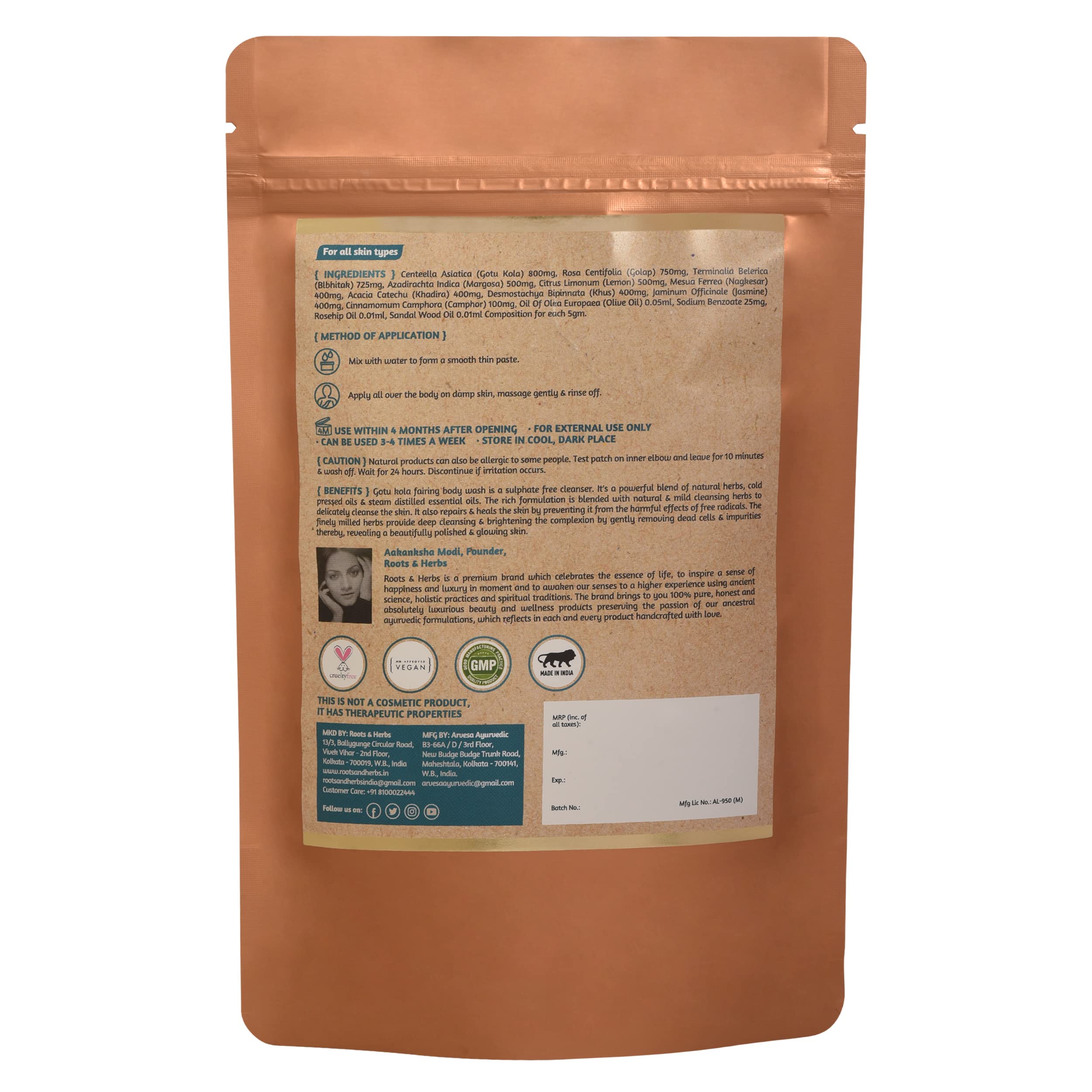 ROOTS AND HERBS Ayurvedic Powder Body Wash Natural Treatment 100% Vegan Gotukola Fairing Powdered Body Cleanser Ubtan Powder Non