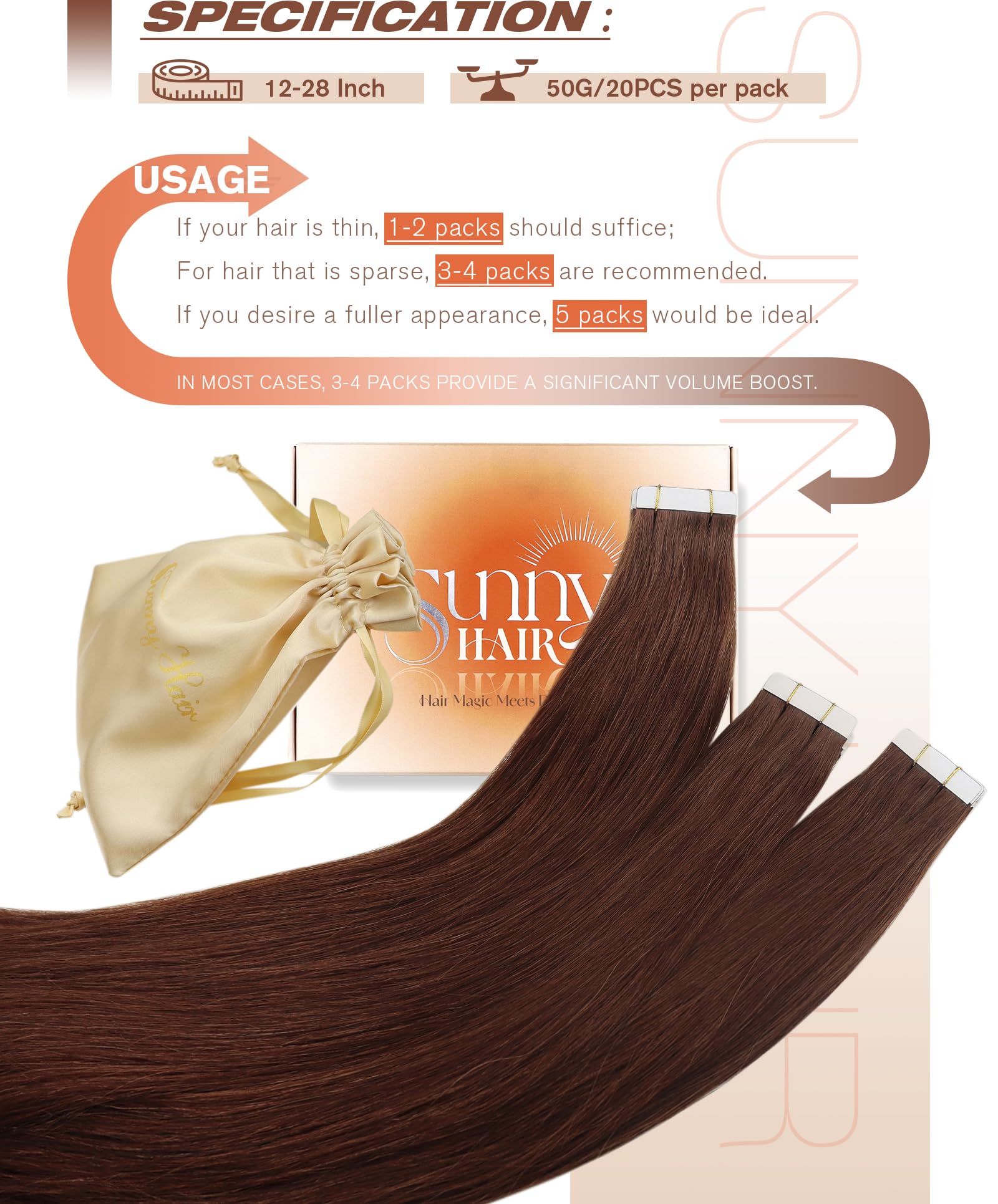 Sunny Hair Tape in Hair Extensions Real Human Hair Invisible Remy Hair Extensions Tape ins for Women Auburn Brown 20 inch 20Pcs