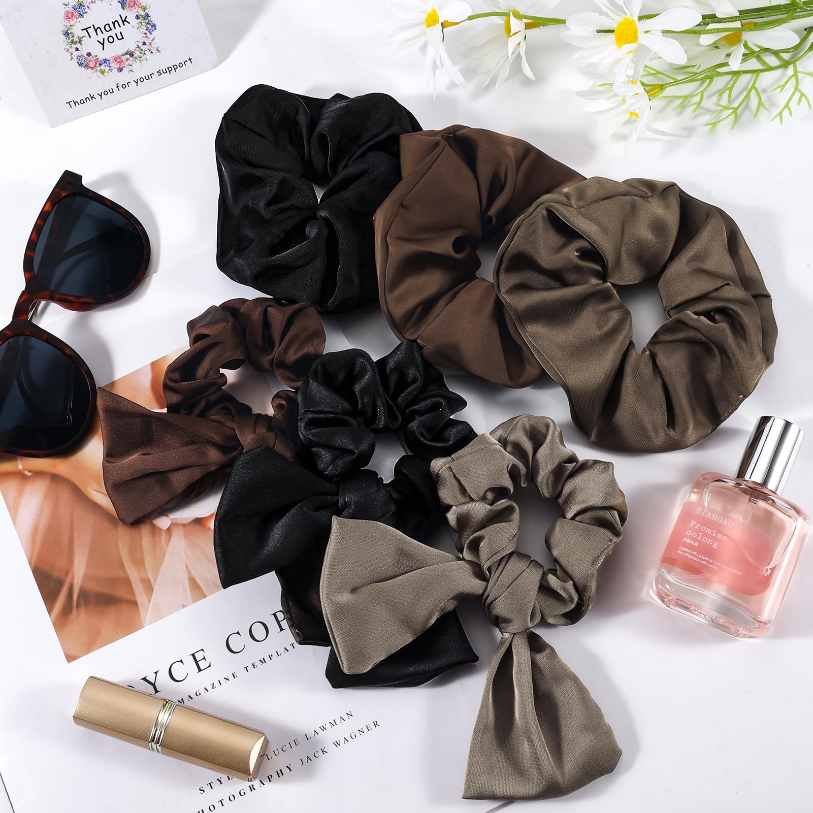 6PCS Satin Silk Hair Scrunchies for Women Girls Big Bow Scrunchies for Thick Curly Long Hair Brown Black Elastic Hair Ties Soft
