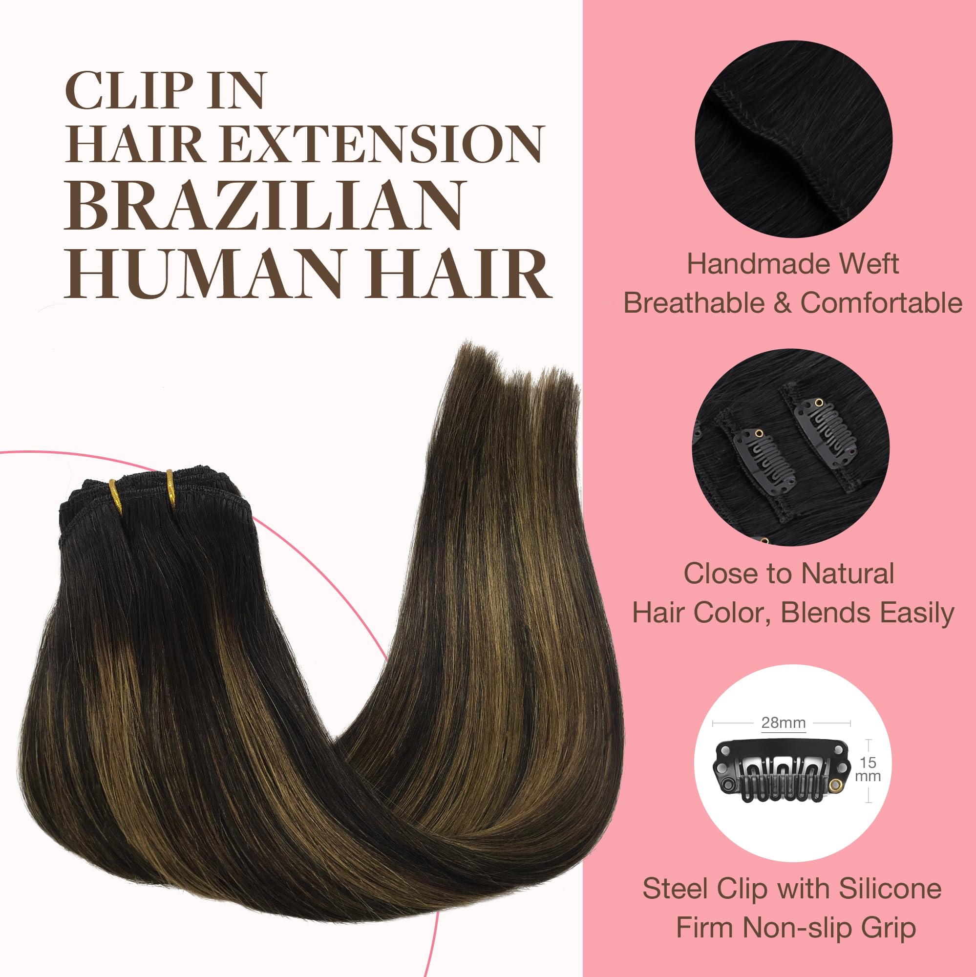 GOO GOO Clip in Hair Extensions Real Human Hair, 12inch 85g 7Pcs, 1B/6/1B Balayage Natural Black to Chestnut Brown, Remy Human H