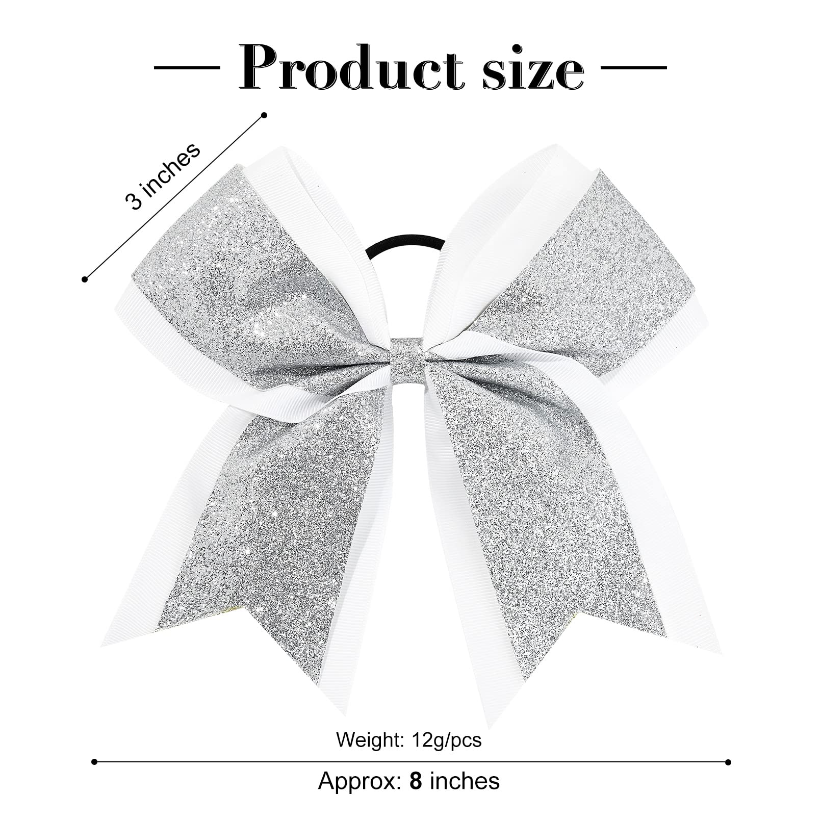10Pcs 8 Large Glitter Hair Bows With Hair Ties For Girls - Silver Rhinestones Sequin, School Cheer Accessories For Teen Softball