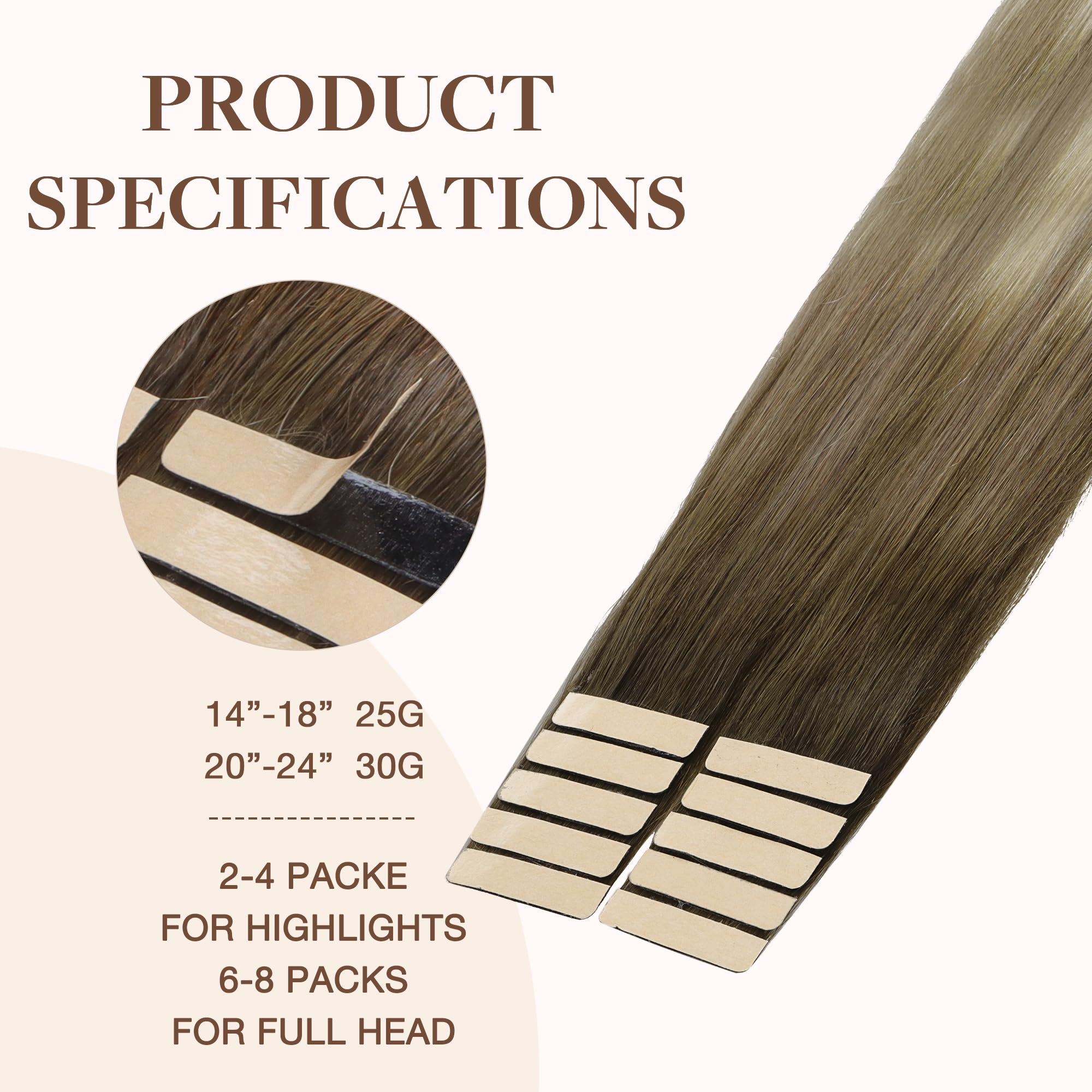 Goo Goo Tape In Hair Extensions Human Hair, 3/8/613 Balayage Walnut Brown To Ash Brown And Blonde, 20Inch 30G 10Pcs, Thick Ends