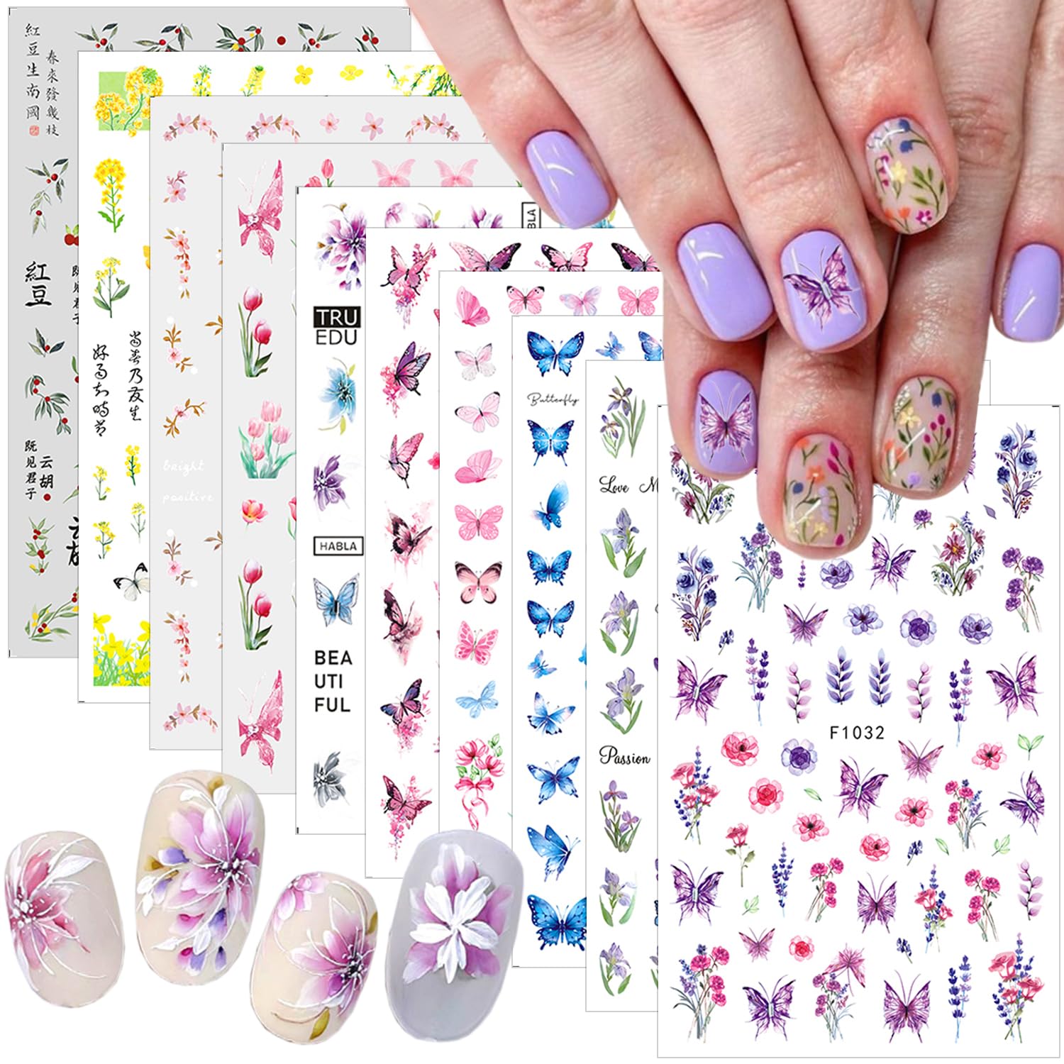 Spring Butterfly Nail Stickers 10Pcs Flower Nail Art Stickers Lavender Orchid Tulip Colorful Butterflies Design Nail Supplies Ra
