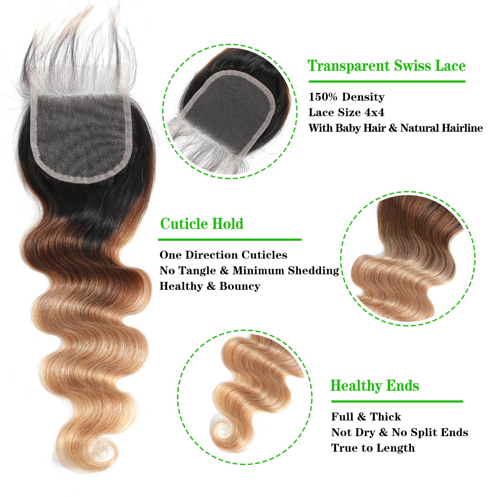 10A Ombre Human Hair Bundles With Closure 100% Brazilian Virgin Human Hair Body Wave Ombre Hair 3 Tone Black To Blonde Brazilian