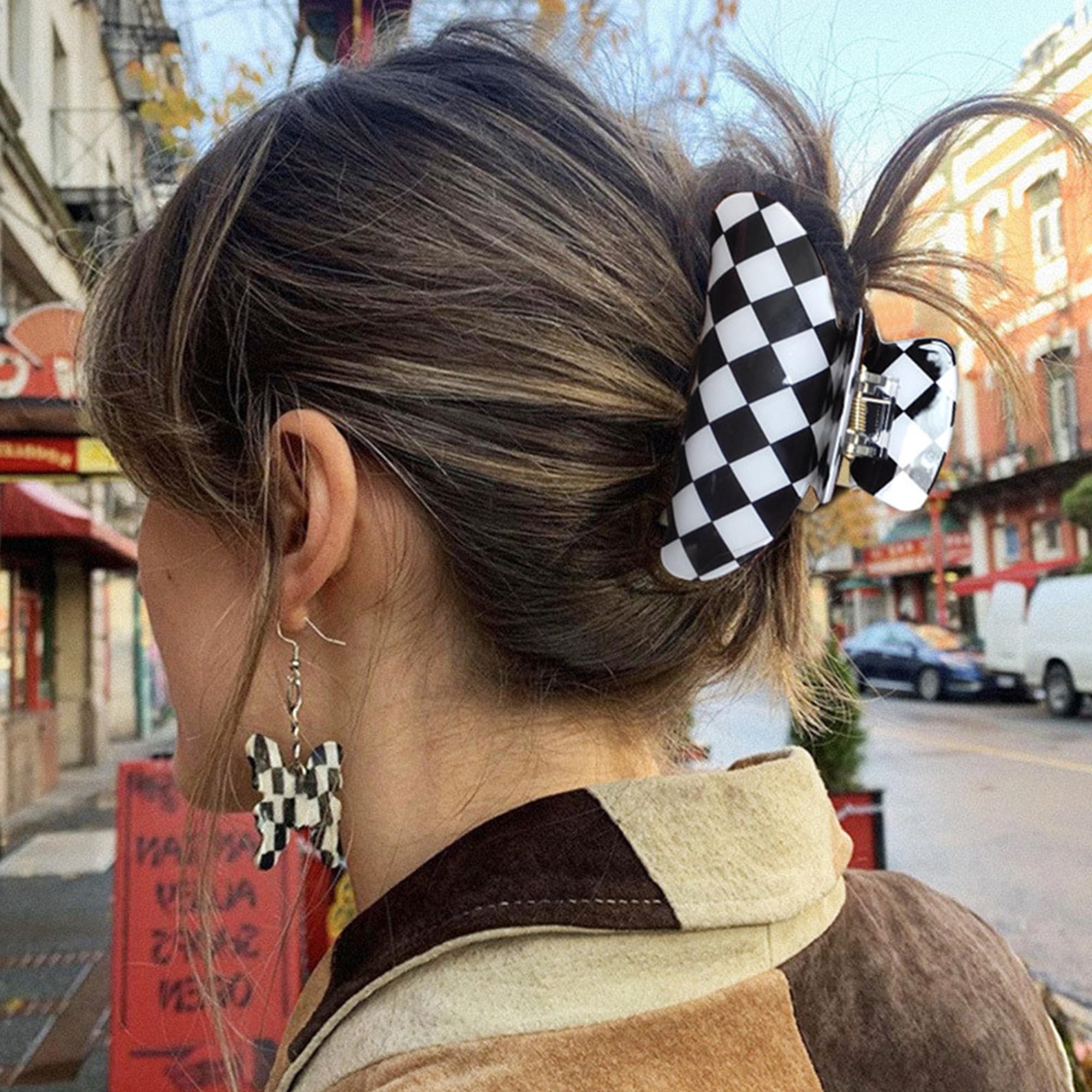 Womens Checkered Hair Clip Large Checkered Claw Clips Black And White Jaw Clip,2Pack