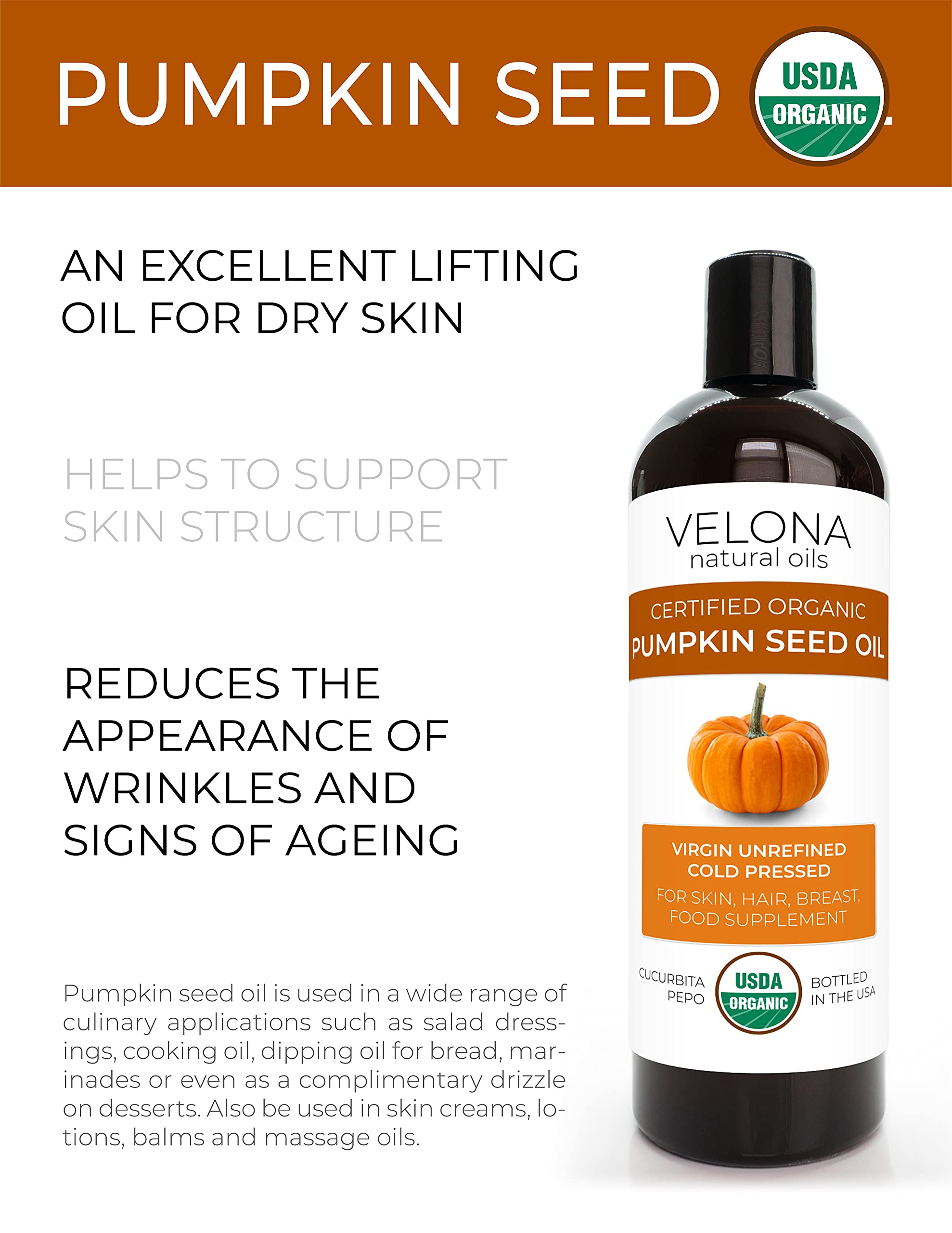 Velona Pumpkin Seed Oil Usda Certified Organic - 32 Fl Oz | 100% Pure And Natural Carrier Oil | Unrefined, Cold Pressed | Cookin