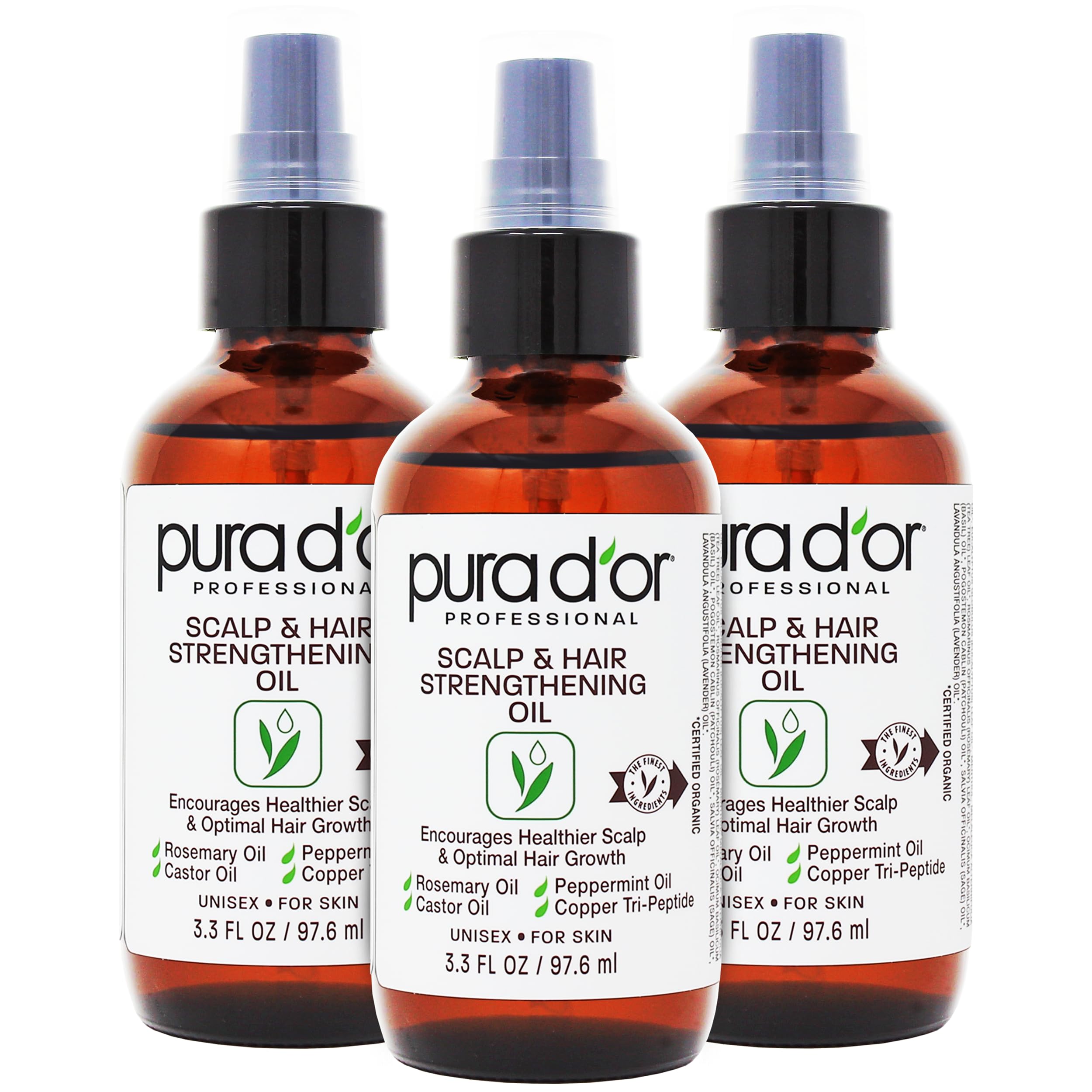 PURA D'OR Scalp & Hair Strengthening Oil (3.3oz x3 = 9.9oz) Supports Optimal Growth, Reduce Breakage, Nourish Roots for Healthie
