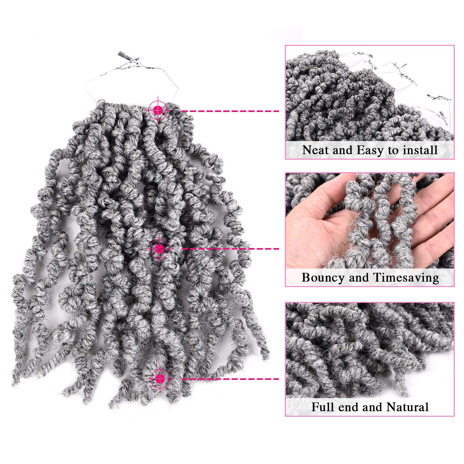 3 Packs Short Grey Pre-twisted Spring Braids Synthetic Crochet Hair Extensions 10 inch 15 strands/pack Ombre Crochet Twist Braid