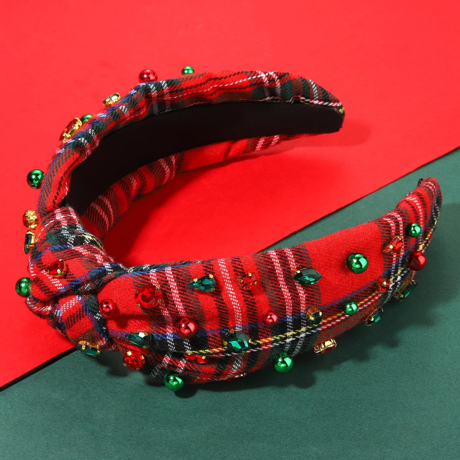 Cealxheny Christmas Headband For Women Holiday Christmas Accessories Red Plaid Headband Jeweled Crystal Knotted Headband Festive