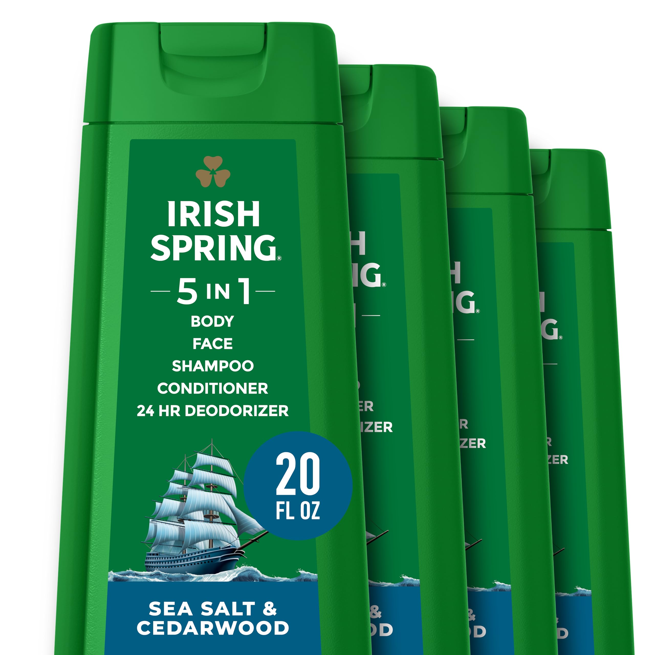 Irish Spring 5 in 1 Moisturizing Body Wash for Men, Shampoo, Conditioner, Body and Face Wash, and 24 Hour Deodorizer, Paraben-Fr