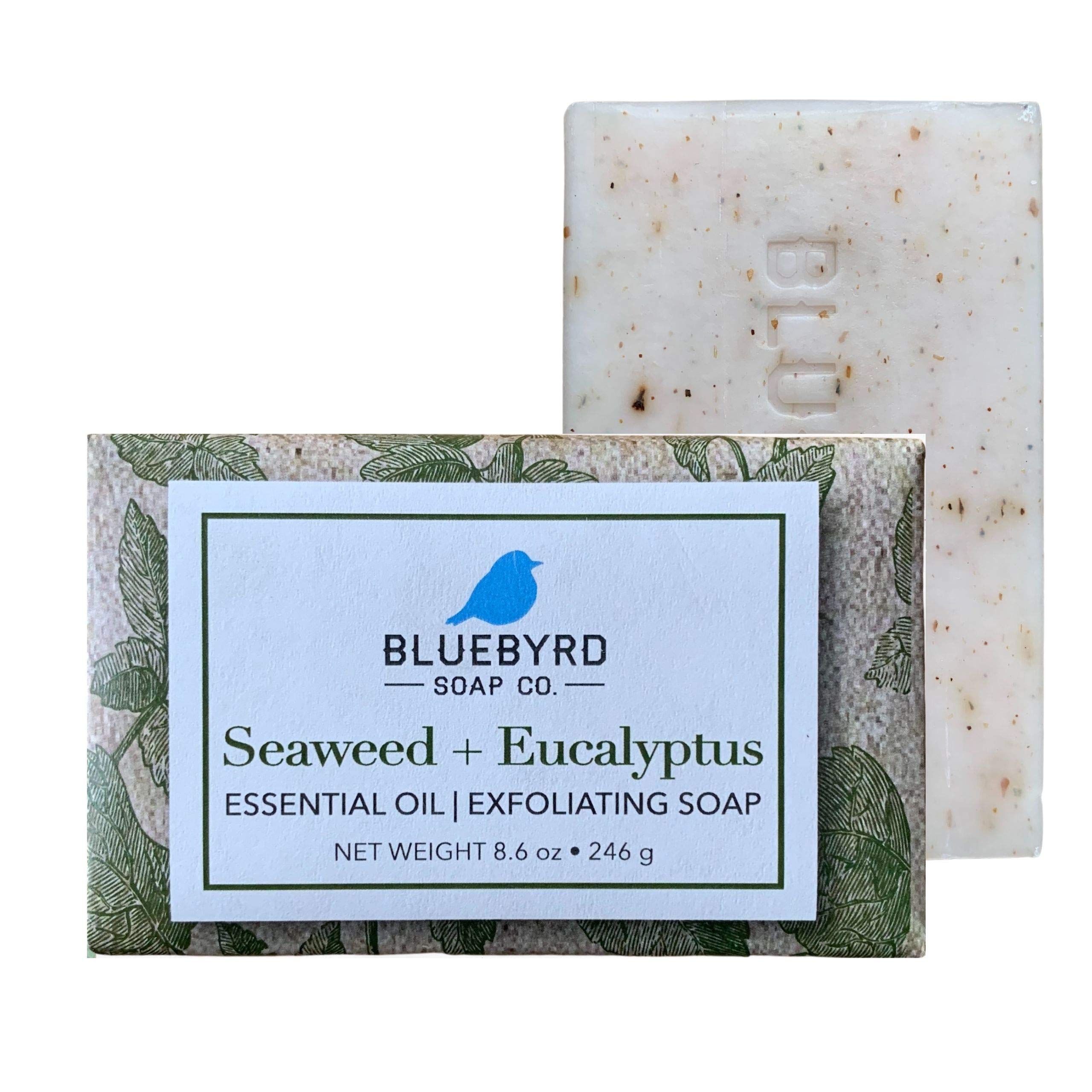 BLUEBYRD Soap Eucalyptus & Seaweed Exfoliating Large Soap Bar, 100% Vegan Cold Press Scented w/Essential Oils, Body Soap Scrub f