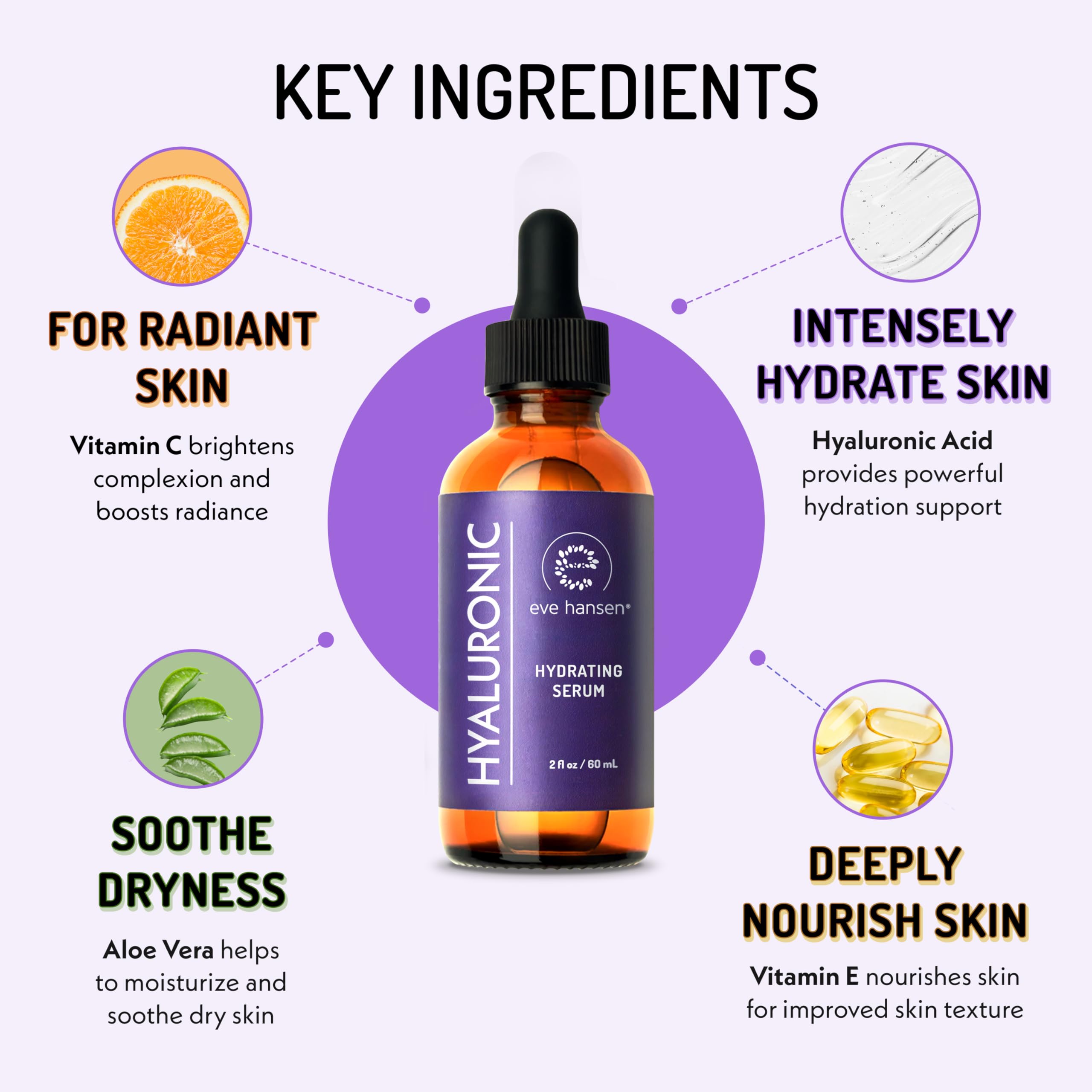 Eve Hansen Hyaluronic Acid Serum for Face (2 oz) | Hydrating Face Serum with Vitamin C + E, Wrinkle Filler, Moisturizer, and Nat