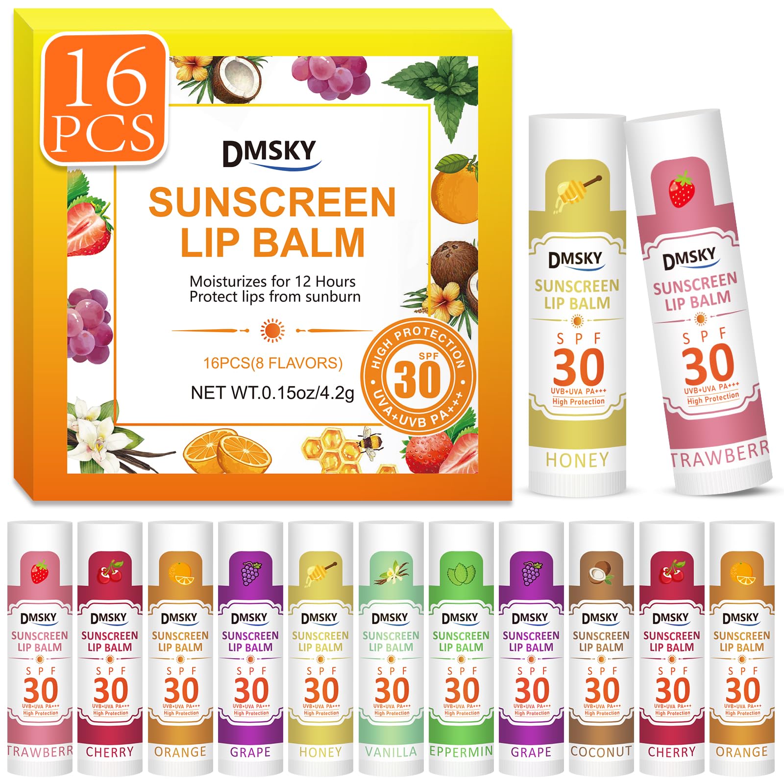 Dmsky Spf Lip Balm Bulk 16 Pack, Sunscreen Lip Balm With Spf 30, Broad Spectrum Uva/Uvb Protection, Sunscreen For Lips Travel Si