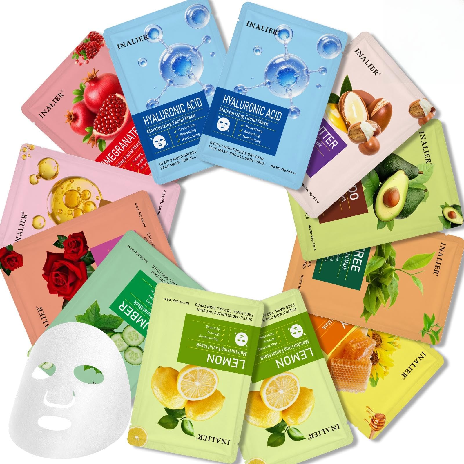 INALIER 12 Pack Face Masks, Bulk Facial Mask Set for Women Grils Men Boys Skin Care, Face Mask Gifts Set for Face Spa Gifts,Hydr