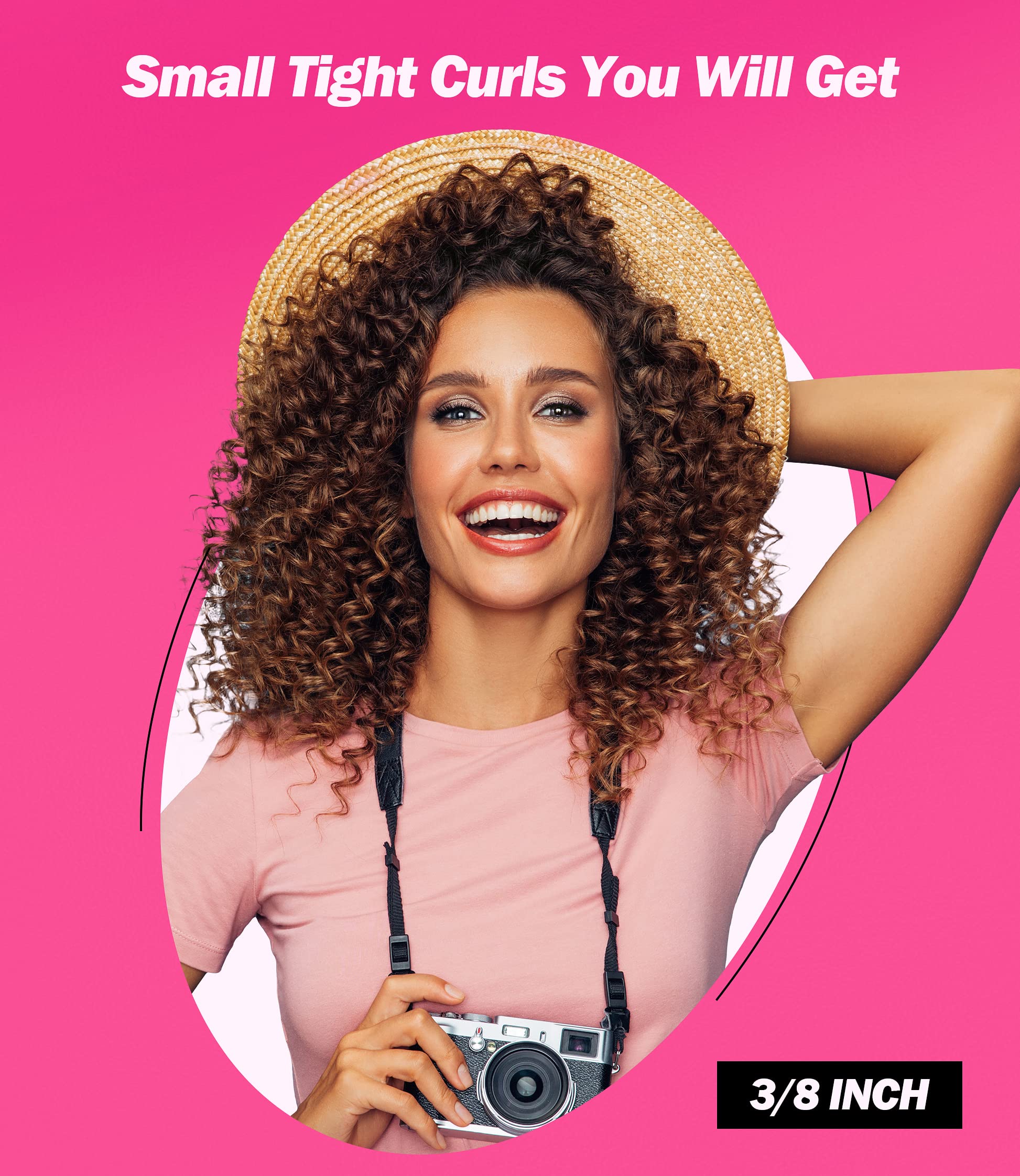 FARERY Small Curling Wand, 3/8 Inch Ceramic Iron, Argan Oil & Keratin Infused, Hotpink, 30s Heat Up, 12 Adjustable Temp, Glove