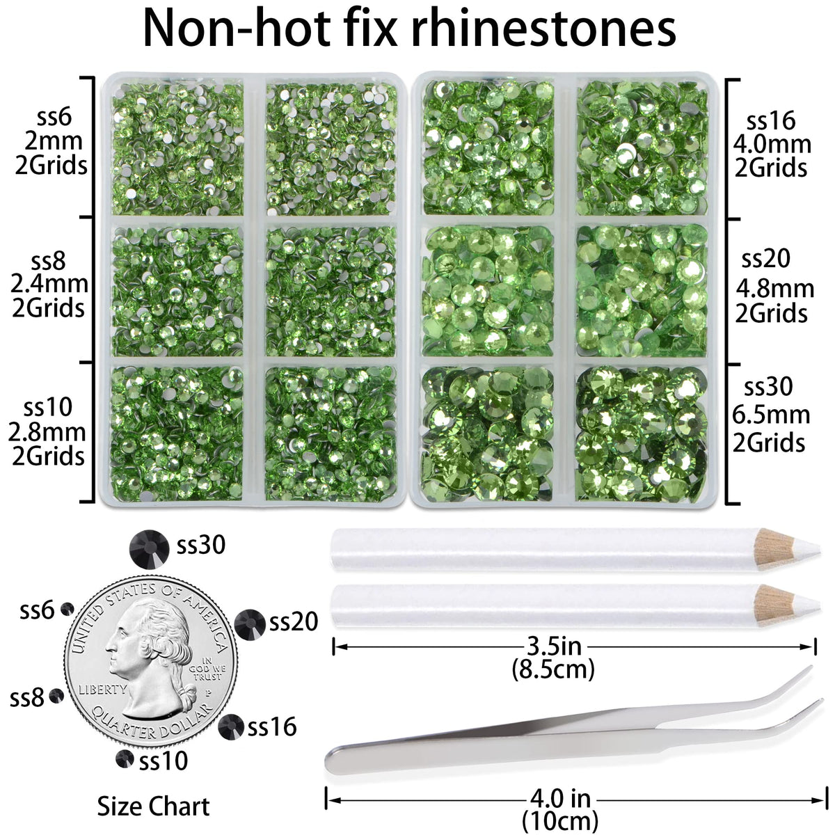 LPBeads 6000 Pieces Light Green Non Hotfix Rhinestones 6 Sizes Round C ...